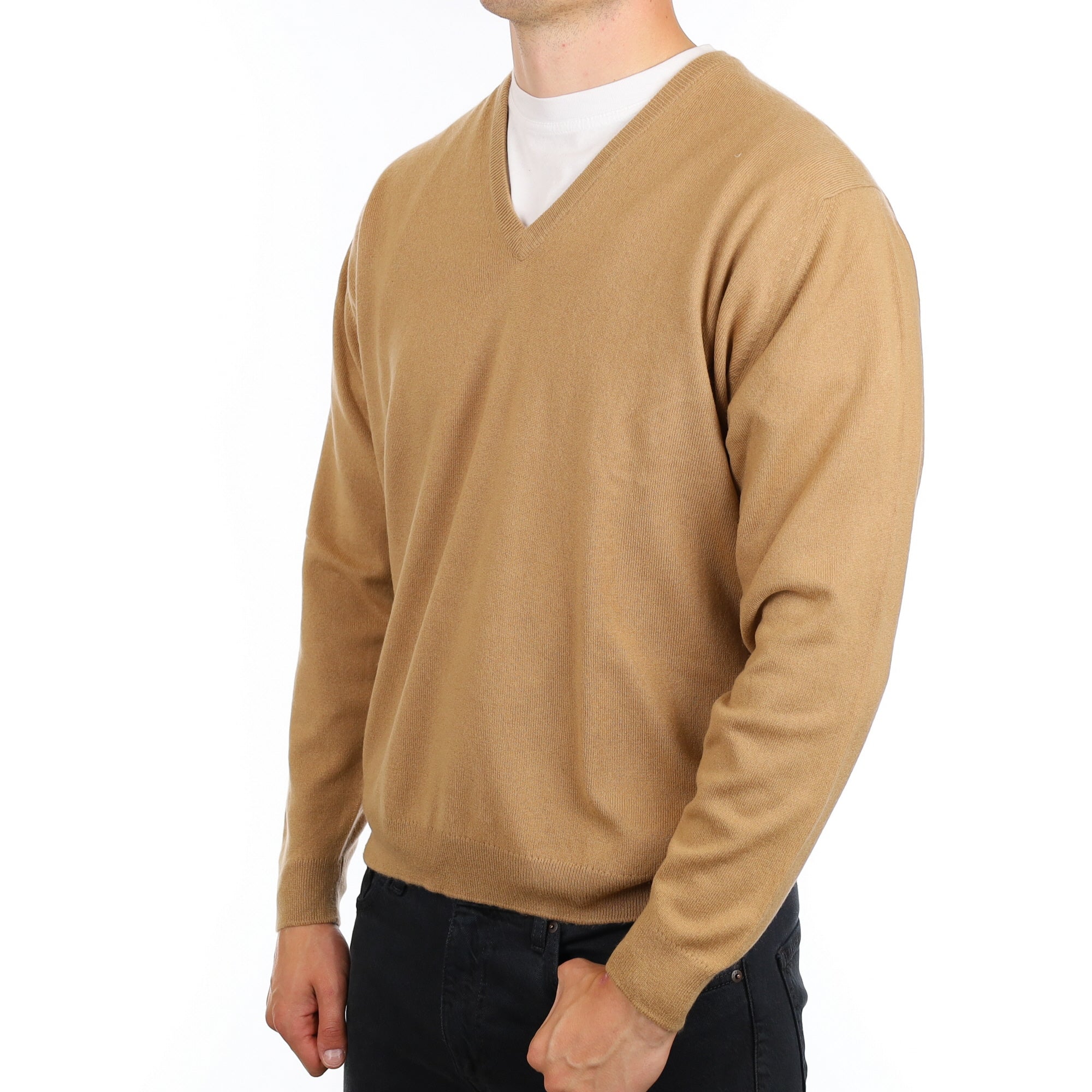 Men's Camel Brown Cashmere V Neck Jumper XXL