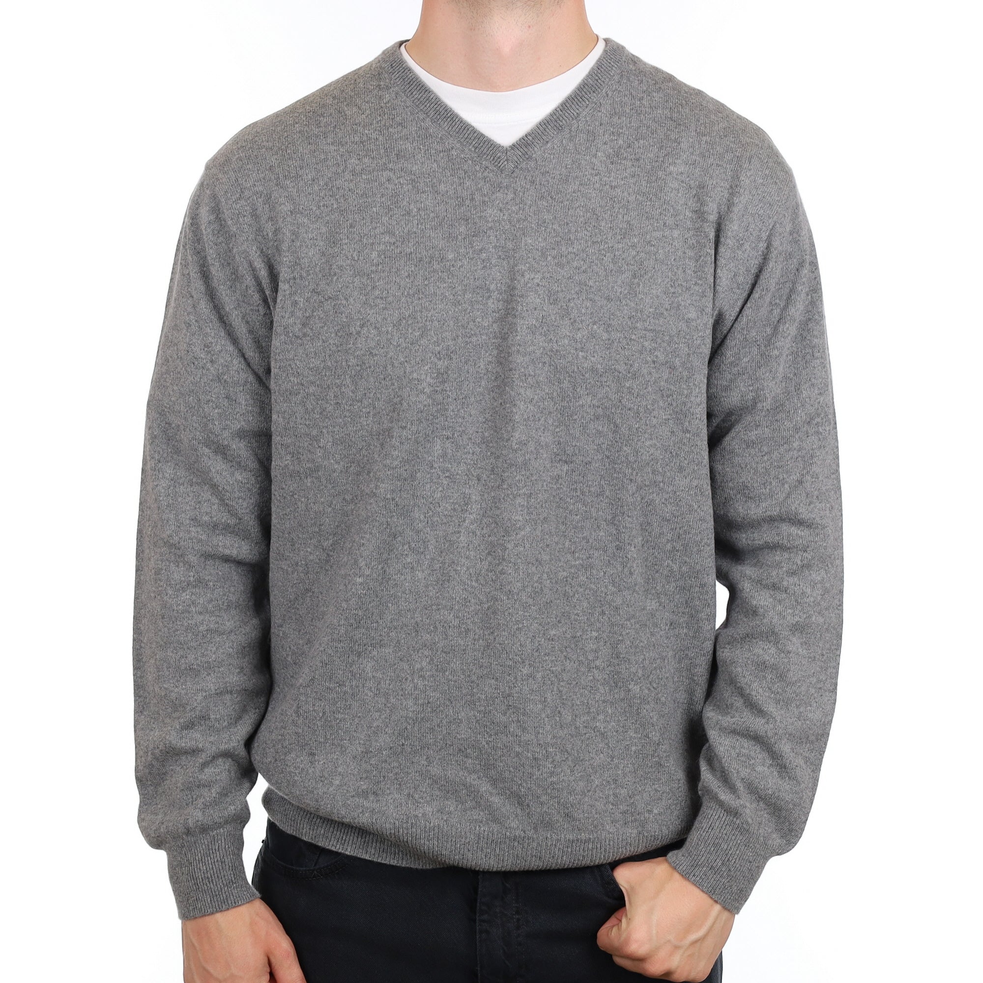 Men's Ash Grey Cashmere V Neck Jumper XXL