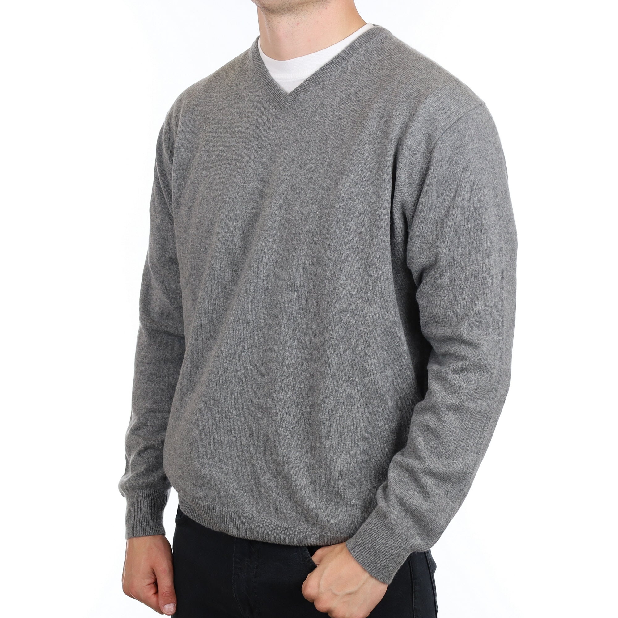 Men's Ash Grey Cashmere V Neck Jumper XXL