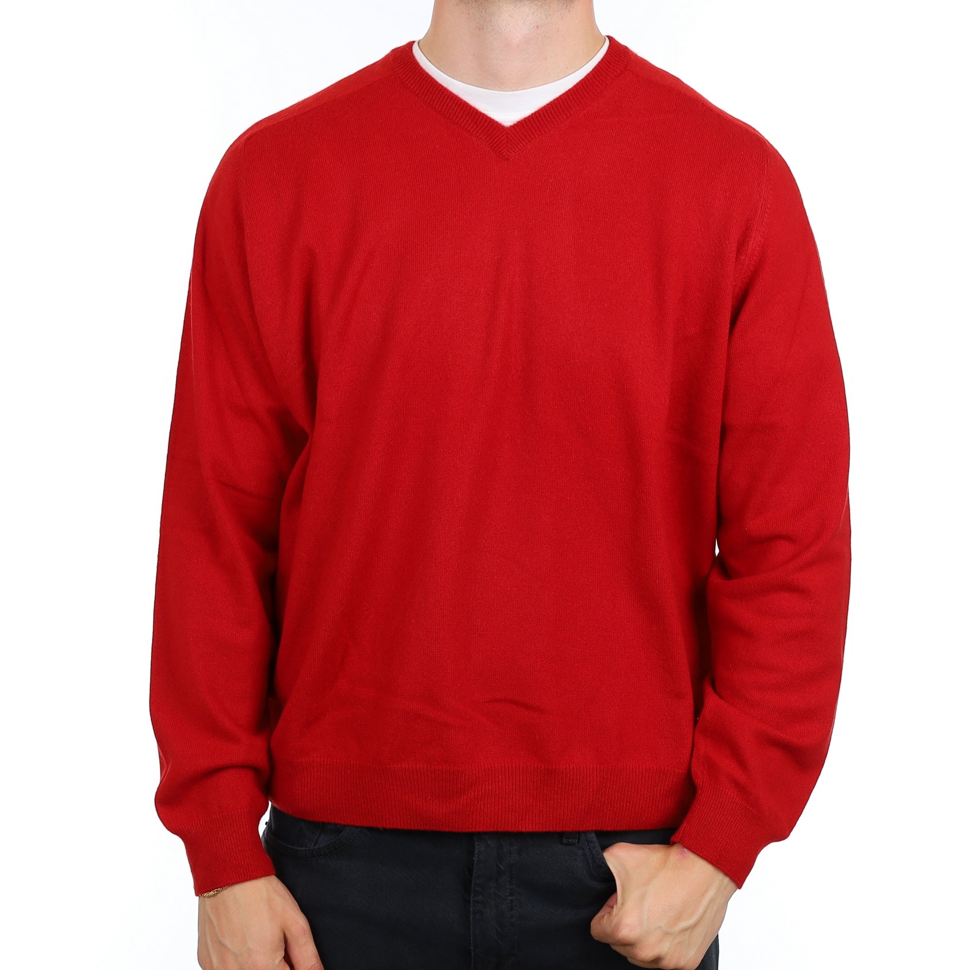 Men's Post Box Red Cashmere V Neck Jumper XXL