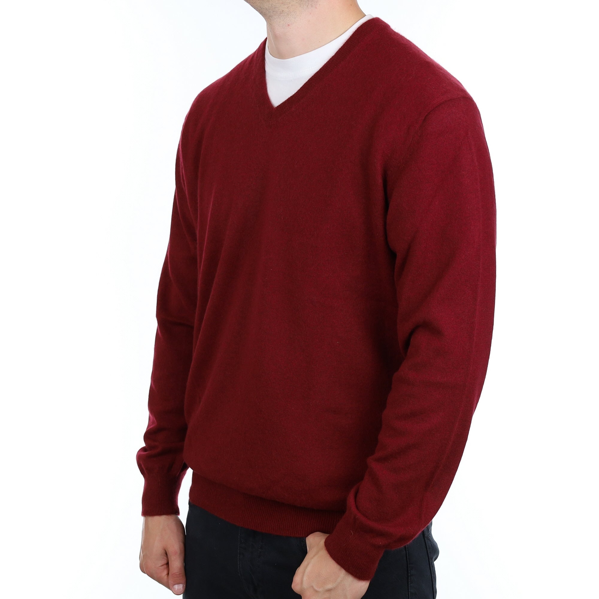 Men's Burgundy Red  Cashmere V Neck Jumper XXL