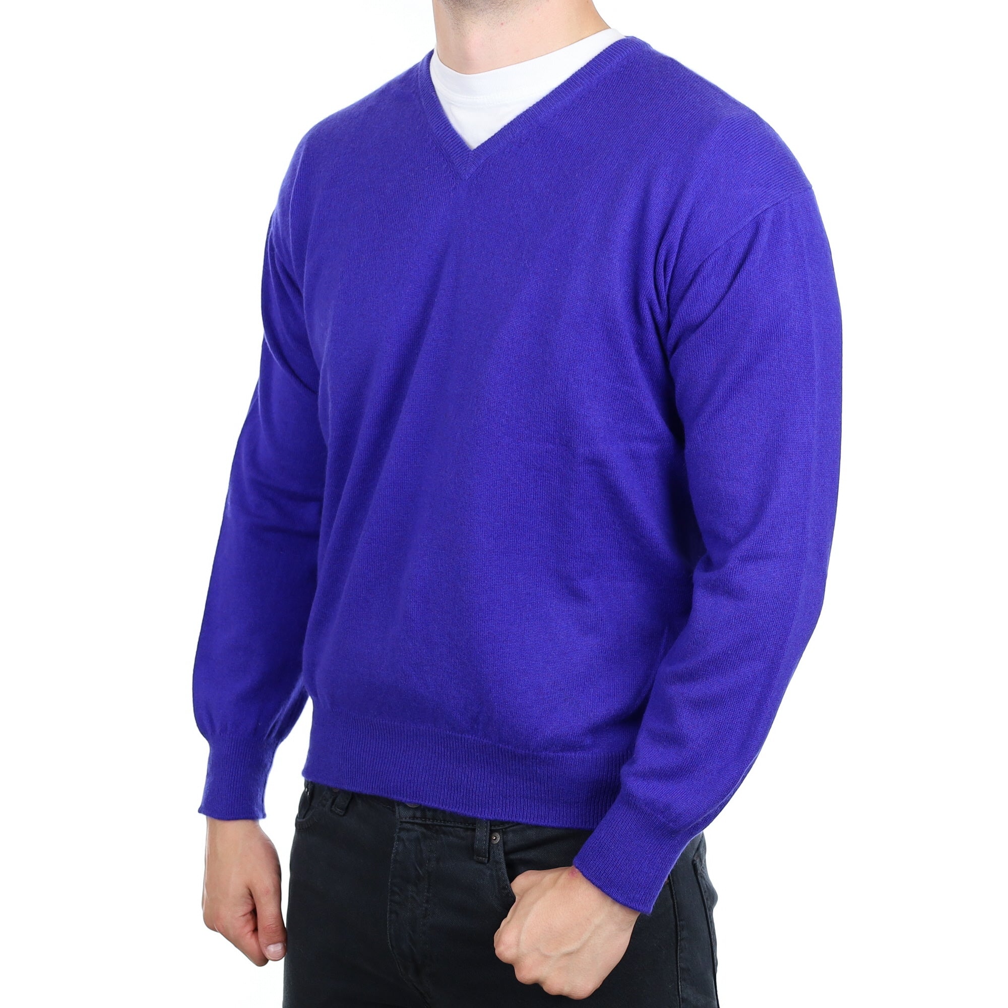 Men's Bright Purple Cashmere V Neck Jumper XXL