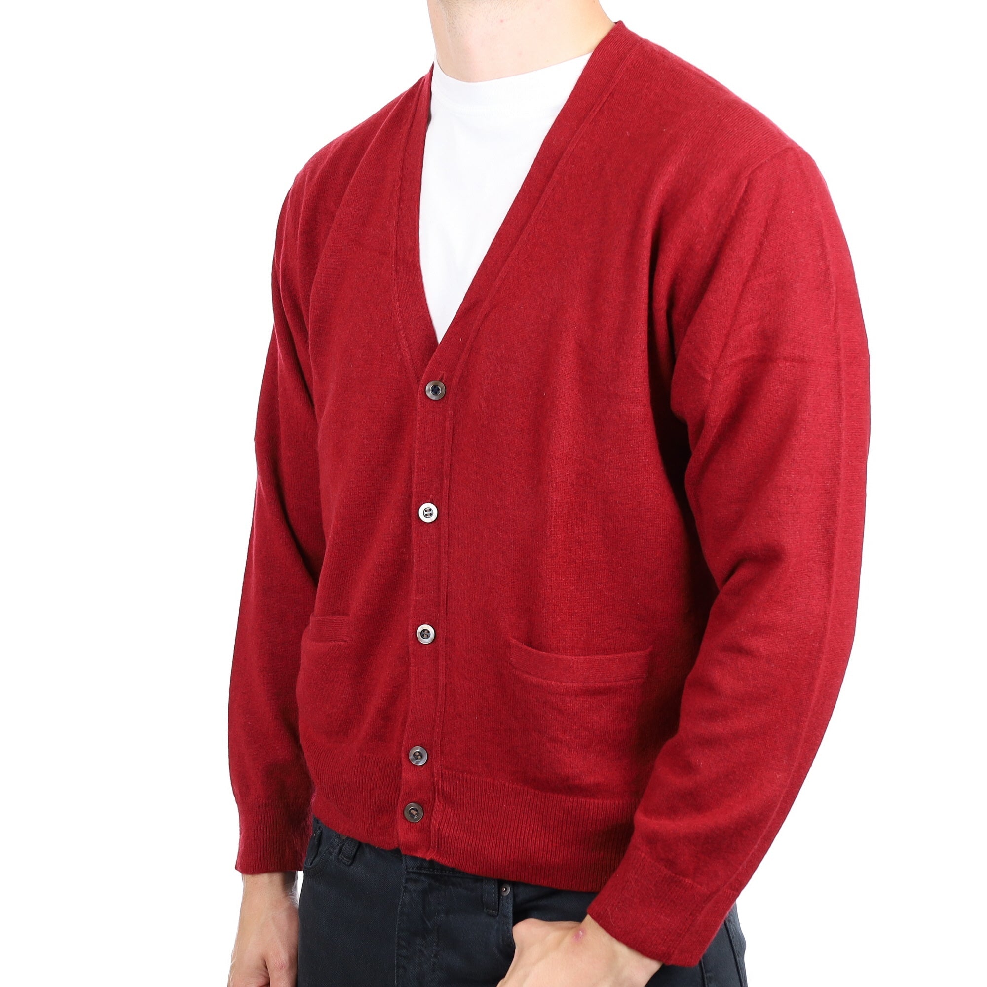 Men's Burgundy Red Cashmere Cardigan with Pockets Jumper XXL