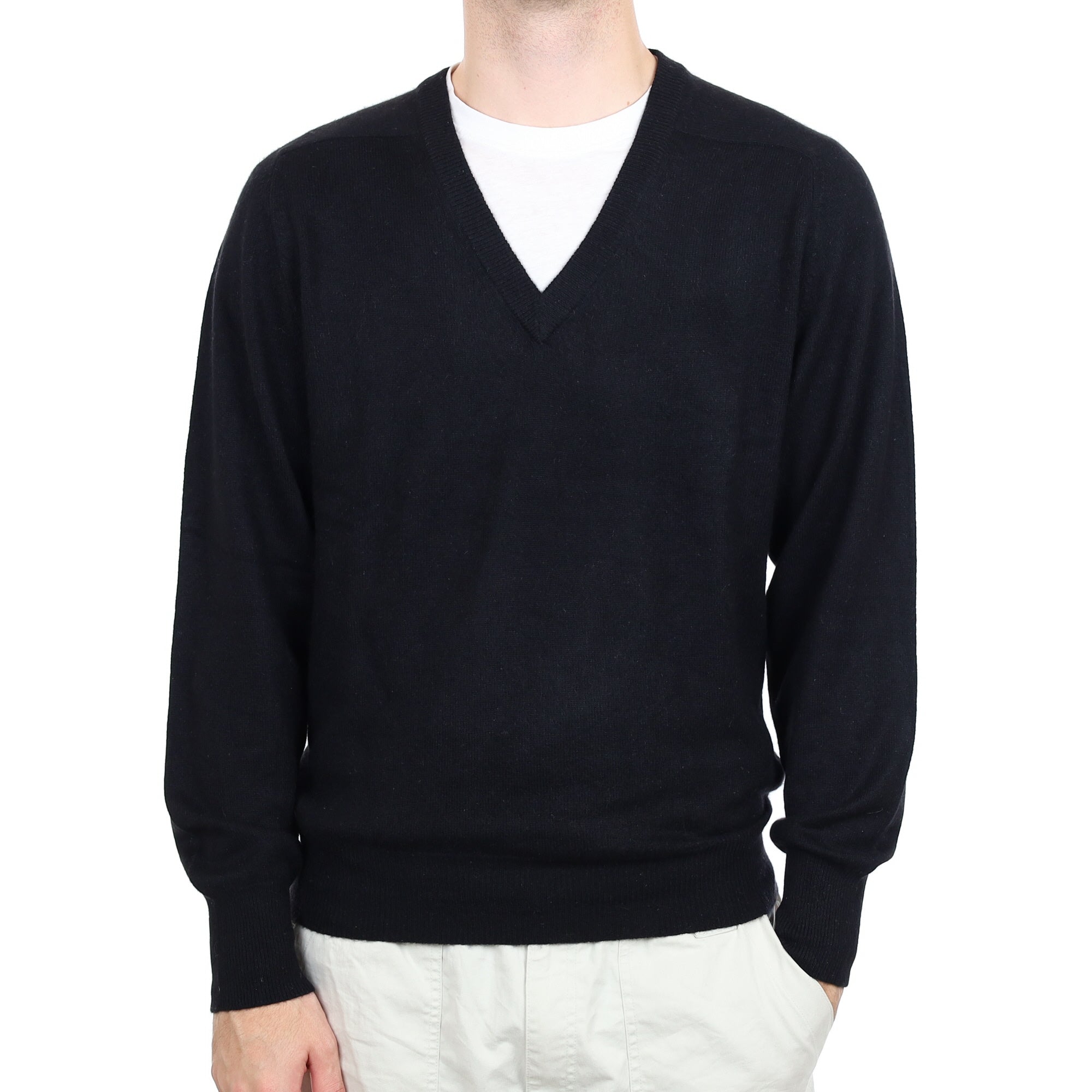 Men's Black Cashmere V Neck Jumper Large