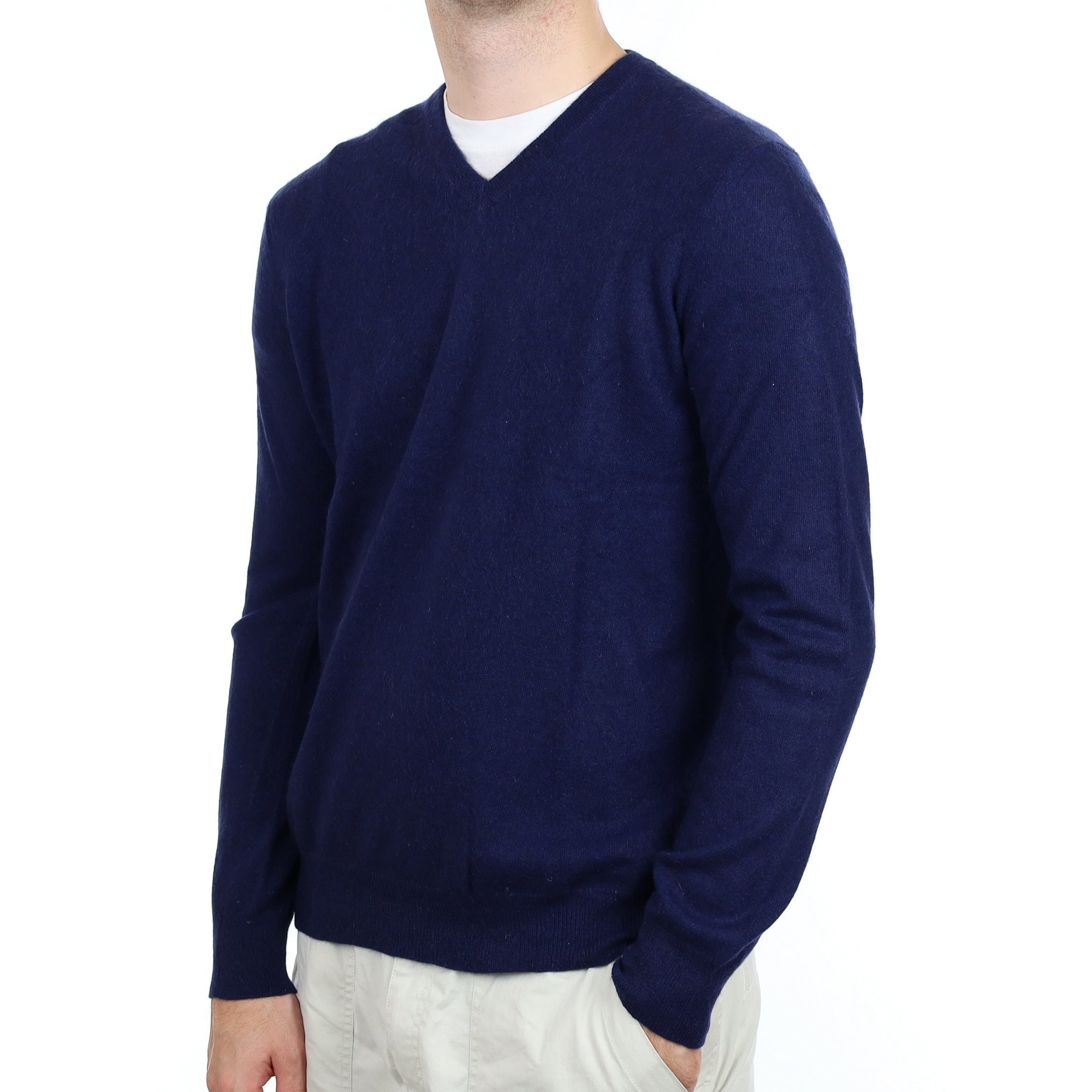 Men's Italian Navy Blue Cashmere V Neck Jumper Large
