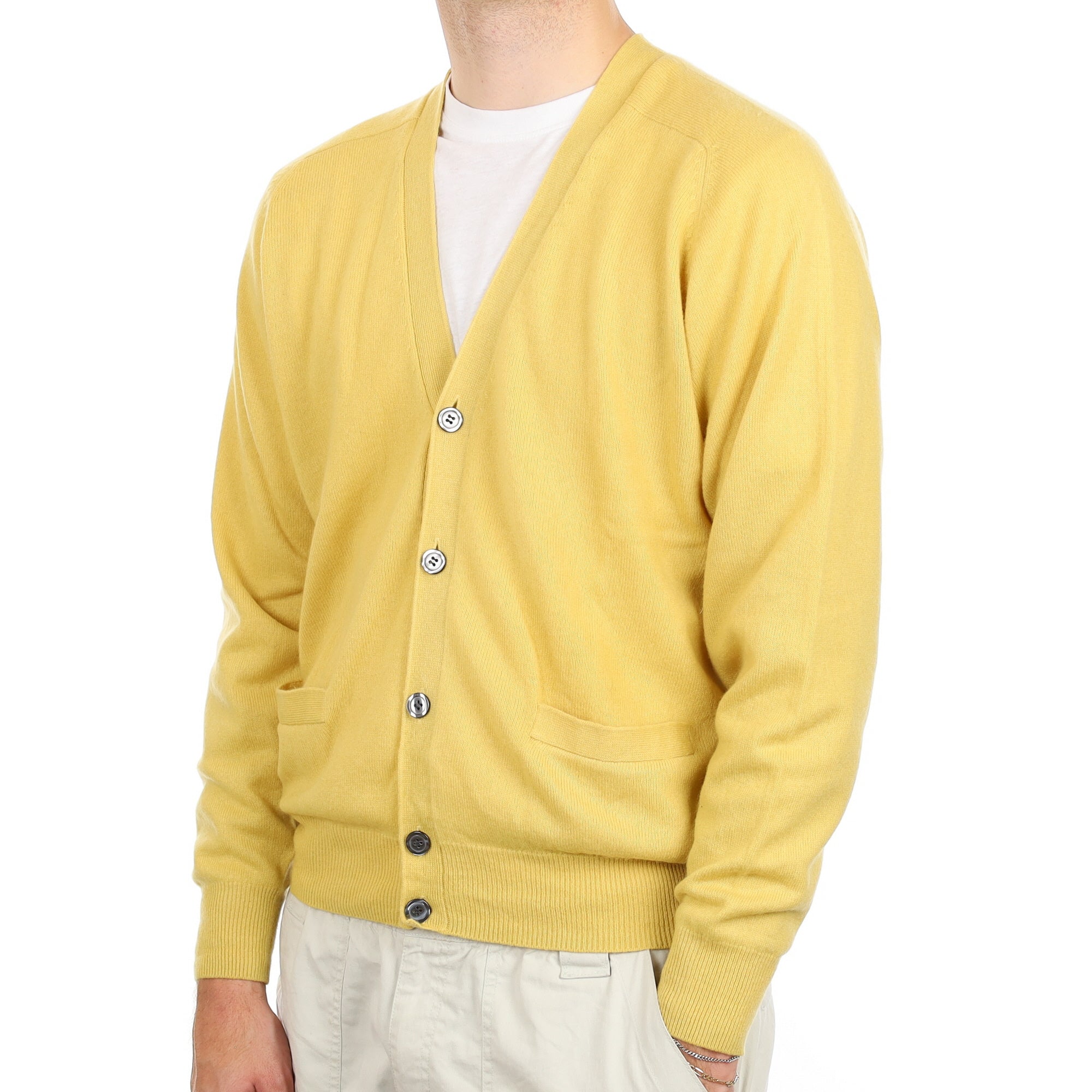 Men's Flaxen Yellow Cashmere V Neck Cardigan with Pockets Large