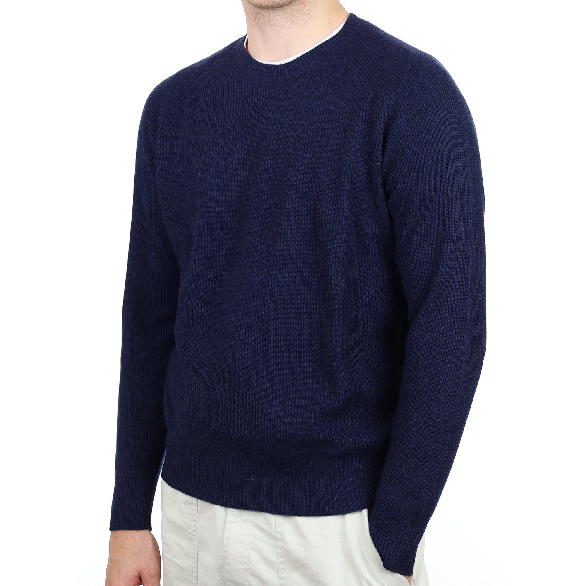 Men's Navy Rib Cashmere Crew Neck Jumper Large