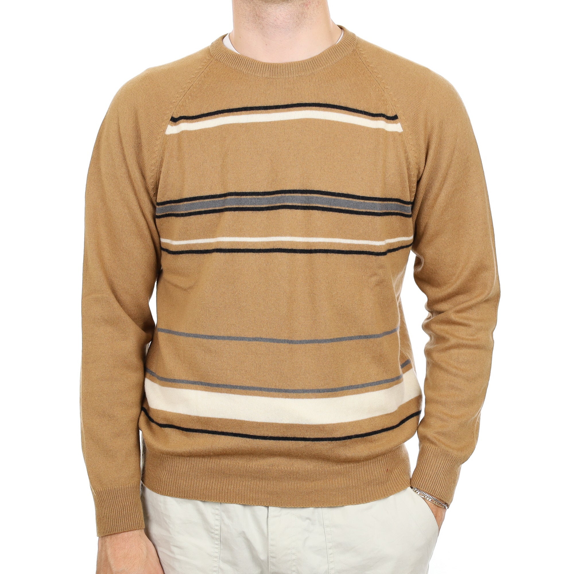 Men's Camel Stripe Cashmere Crew Neck Jumper Large
