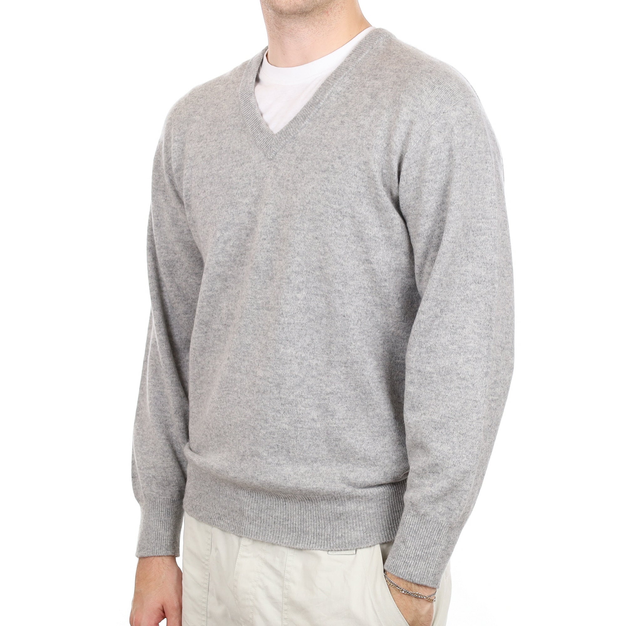 Men's Smoke Grey Cashmere V Neck Jumper Large
