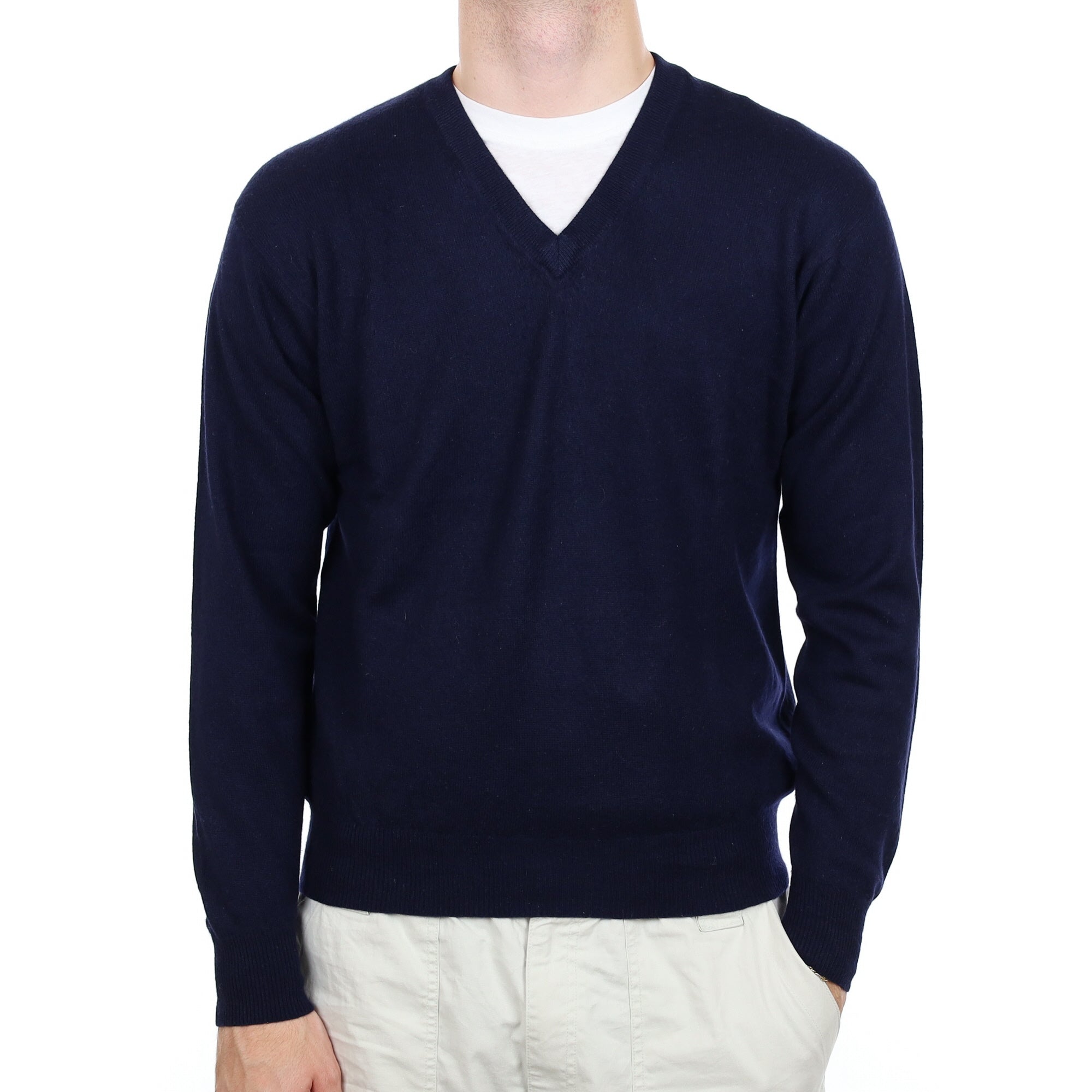 Men's Navy Blue Cashmere V Neck Jumper Large