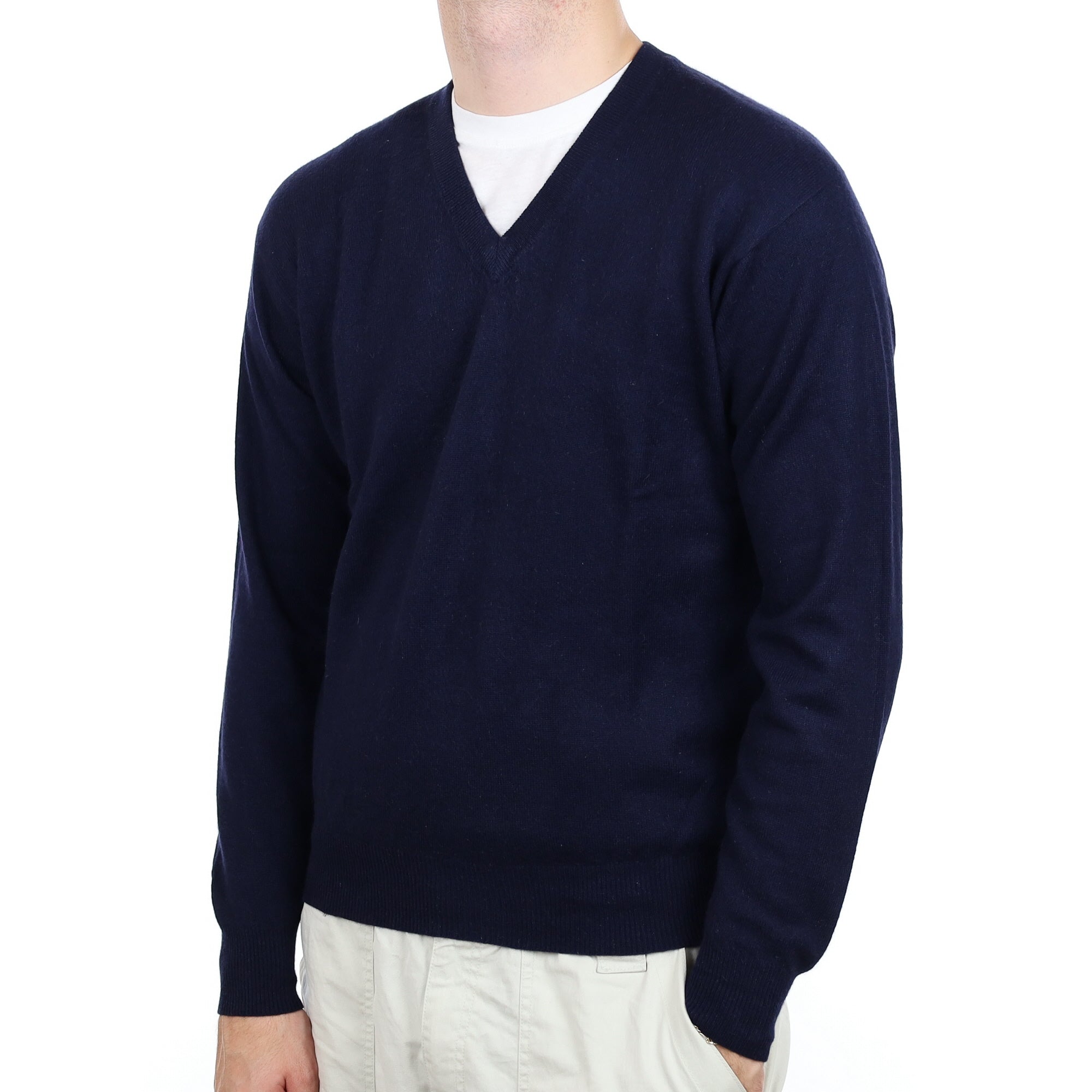 Men's Navy Blue Cashmere V Neck Jumper Large