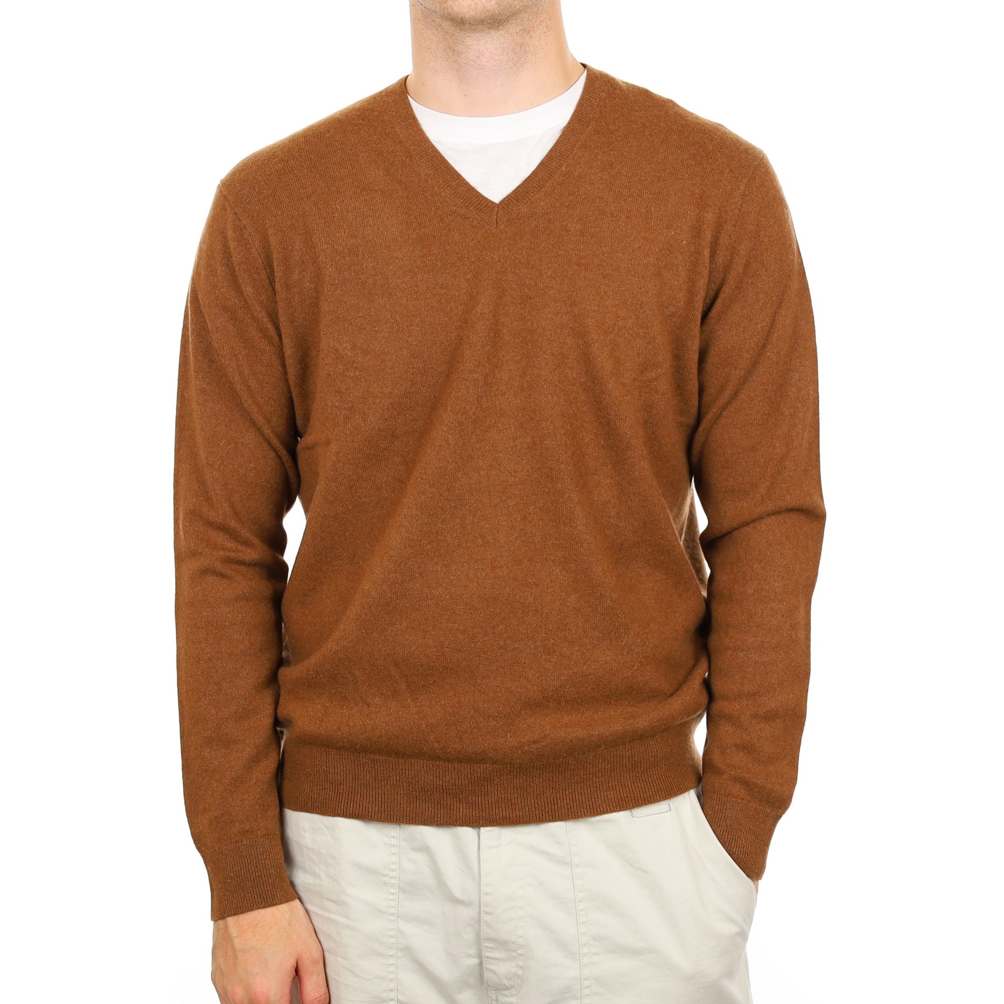 Men's Chestnut Brown Cashmere V Neck Jumper Large