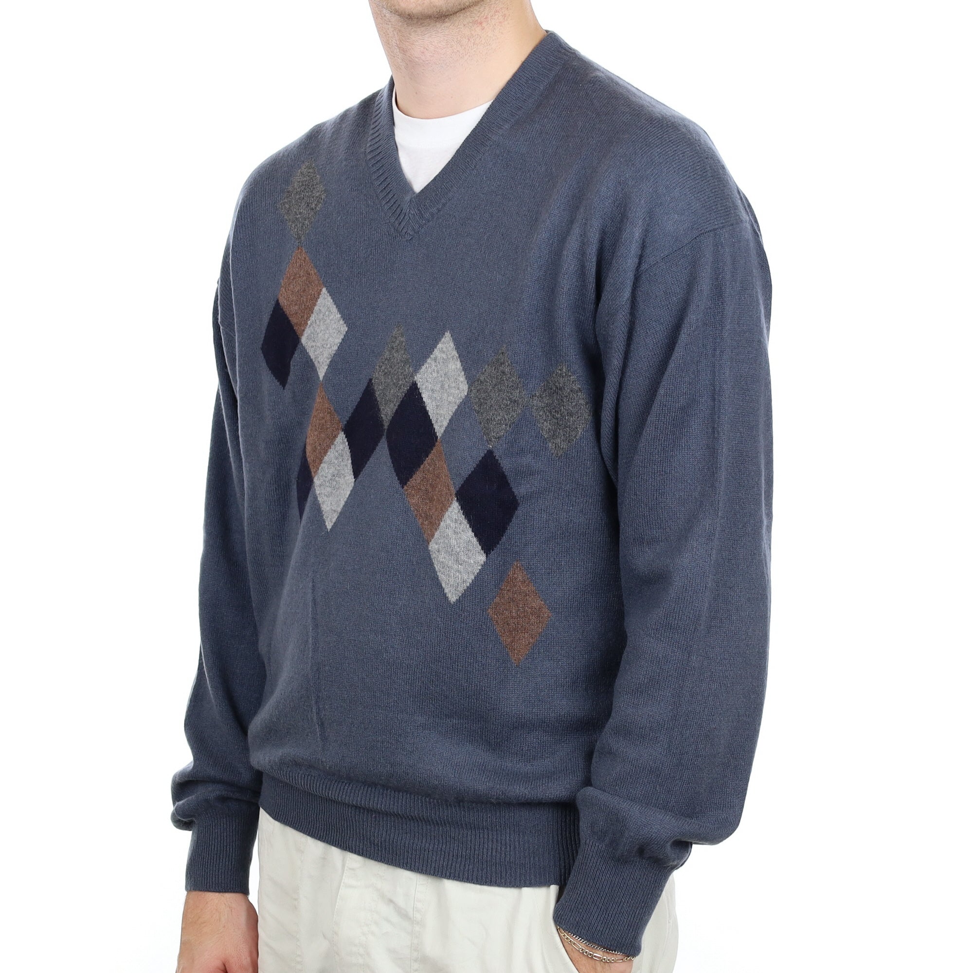 Men's  Pebble Grey Diamond Cashmere V Neck Jumper Large