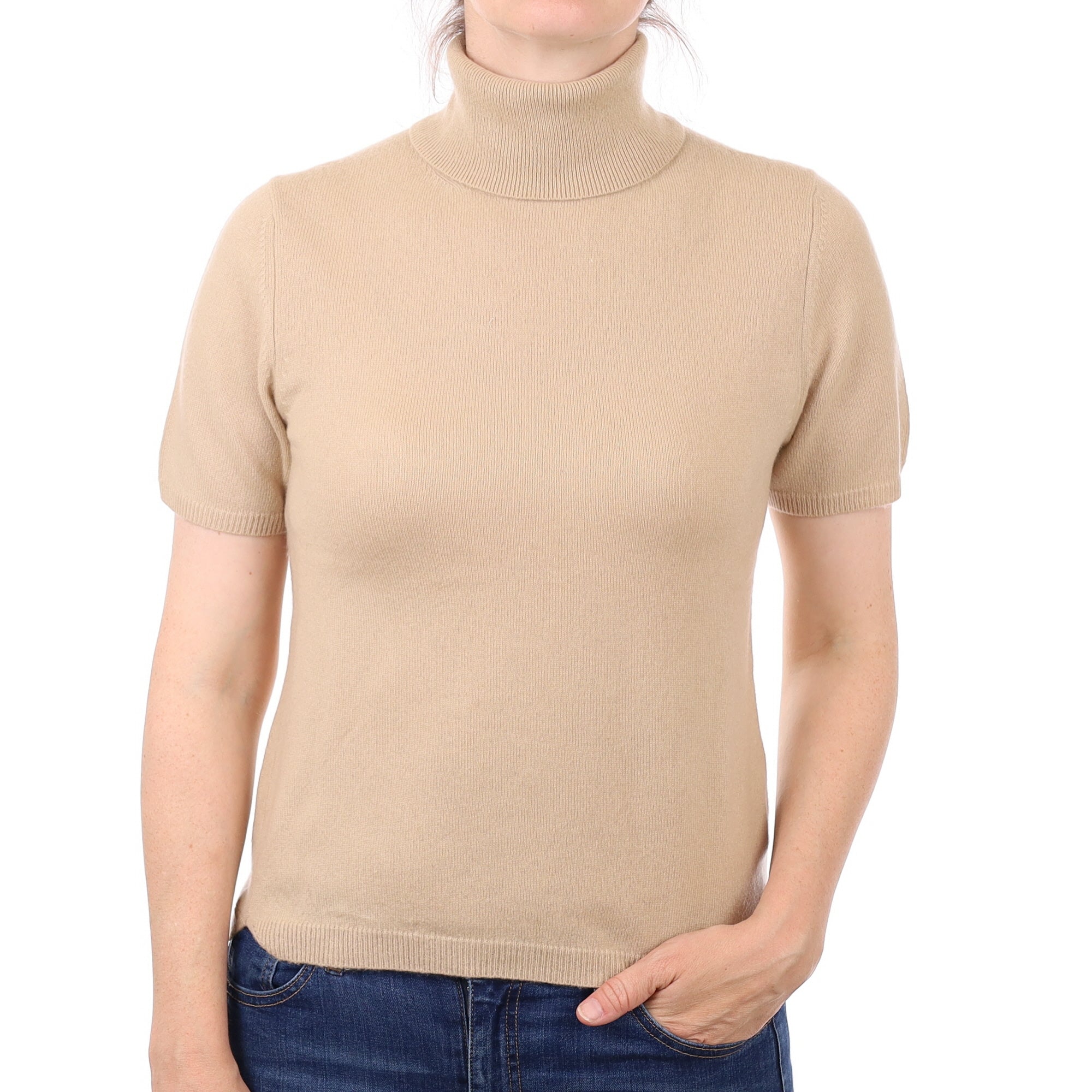 Sand Cashmere Short Sleeve Polo Neck Jumper Small