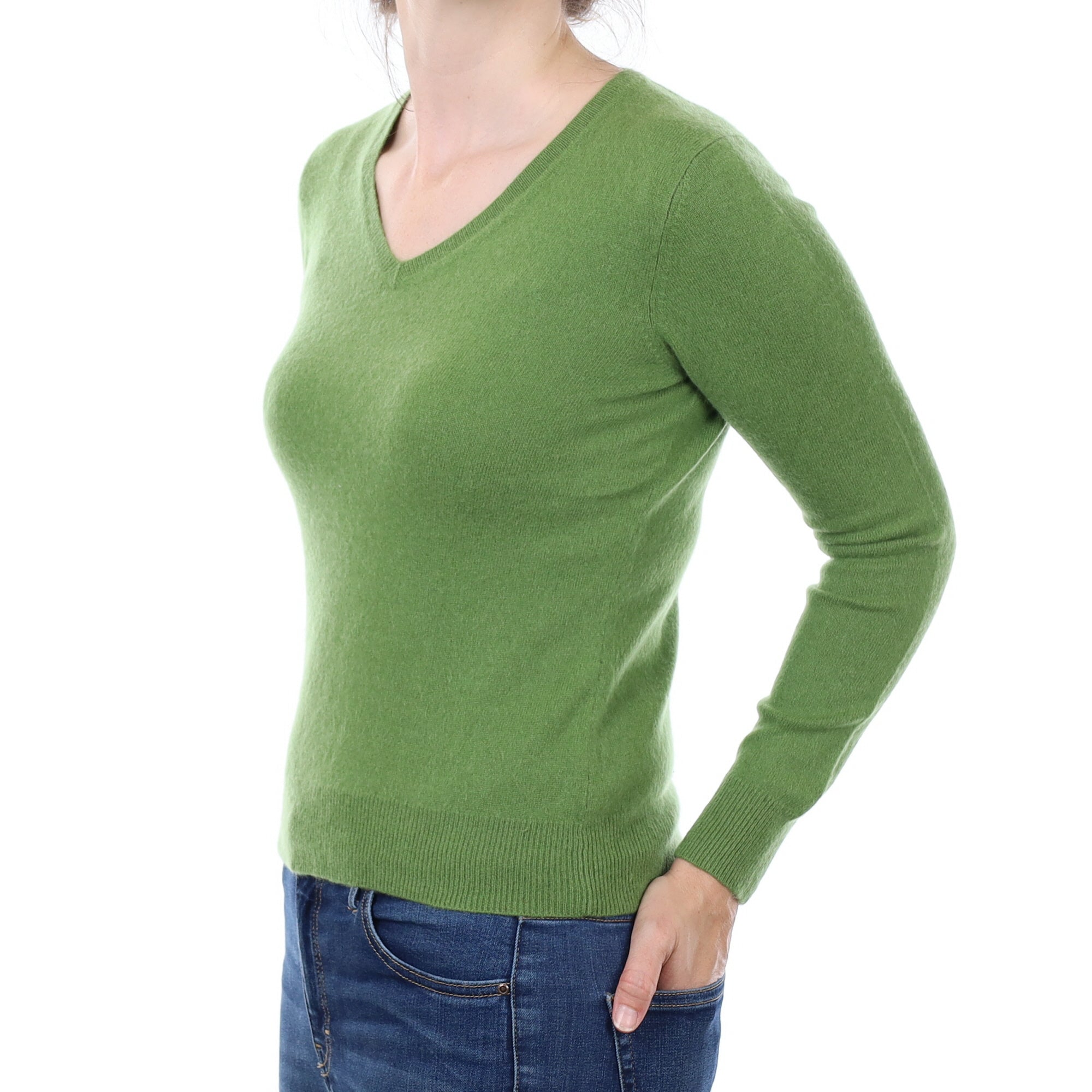 Pear Green Cashmere V Neck Jumper Small