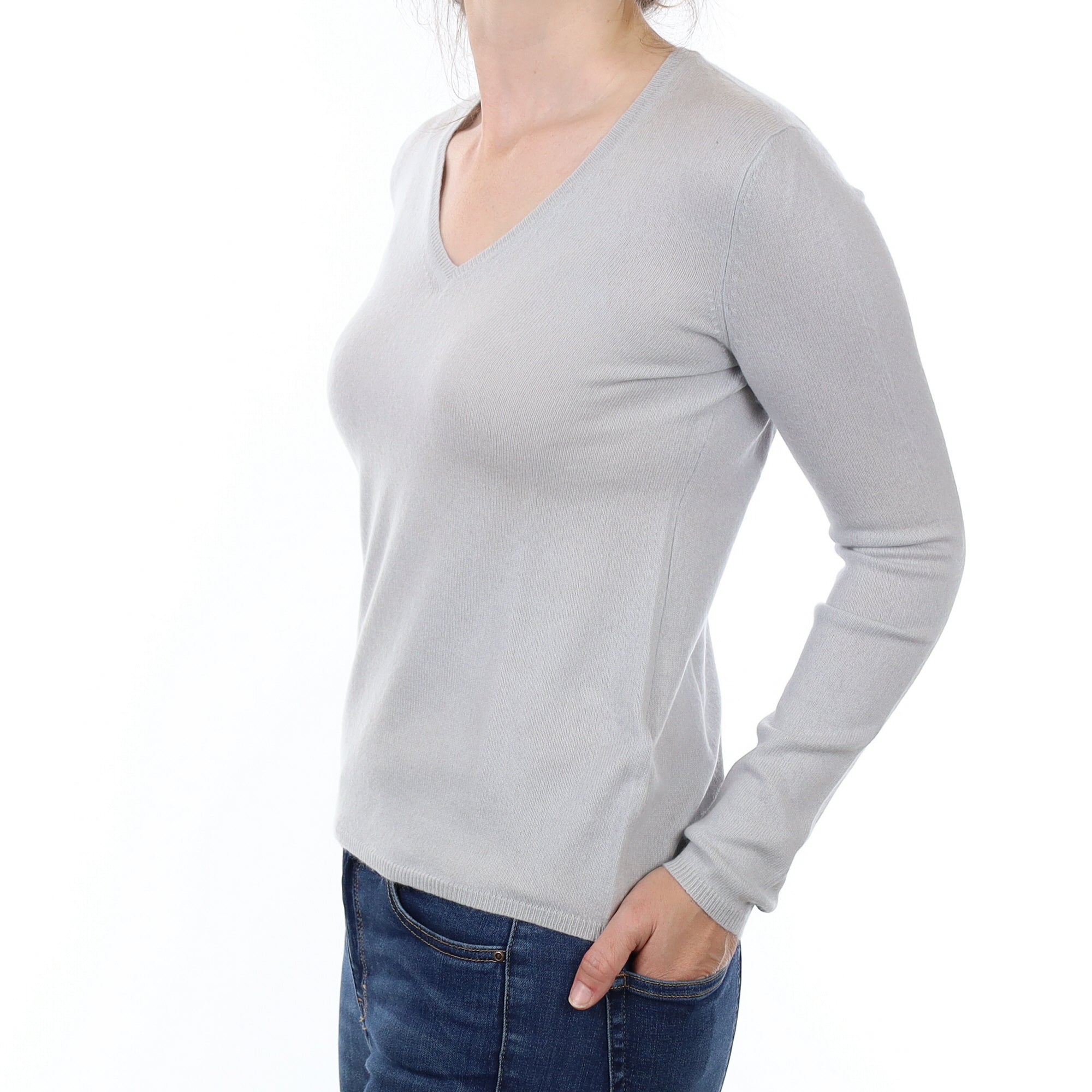 Dove Grey Cashmere V Neck Jumper Small
