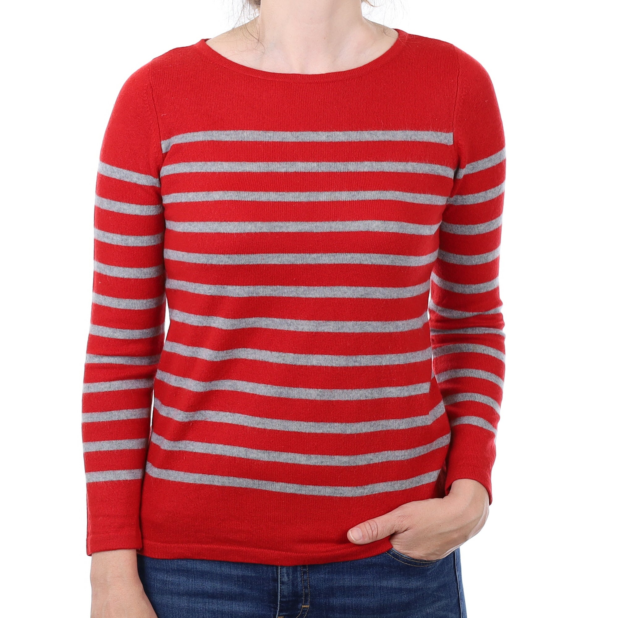 Red and Grey Stripe Cashmere Crew Neck Jumper Small
