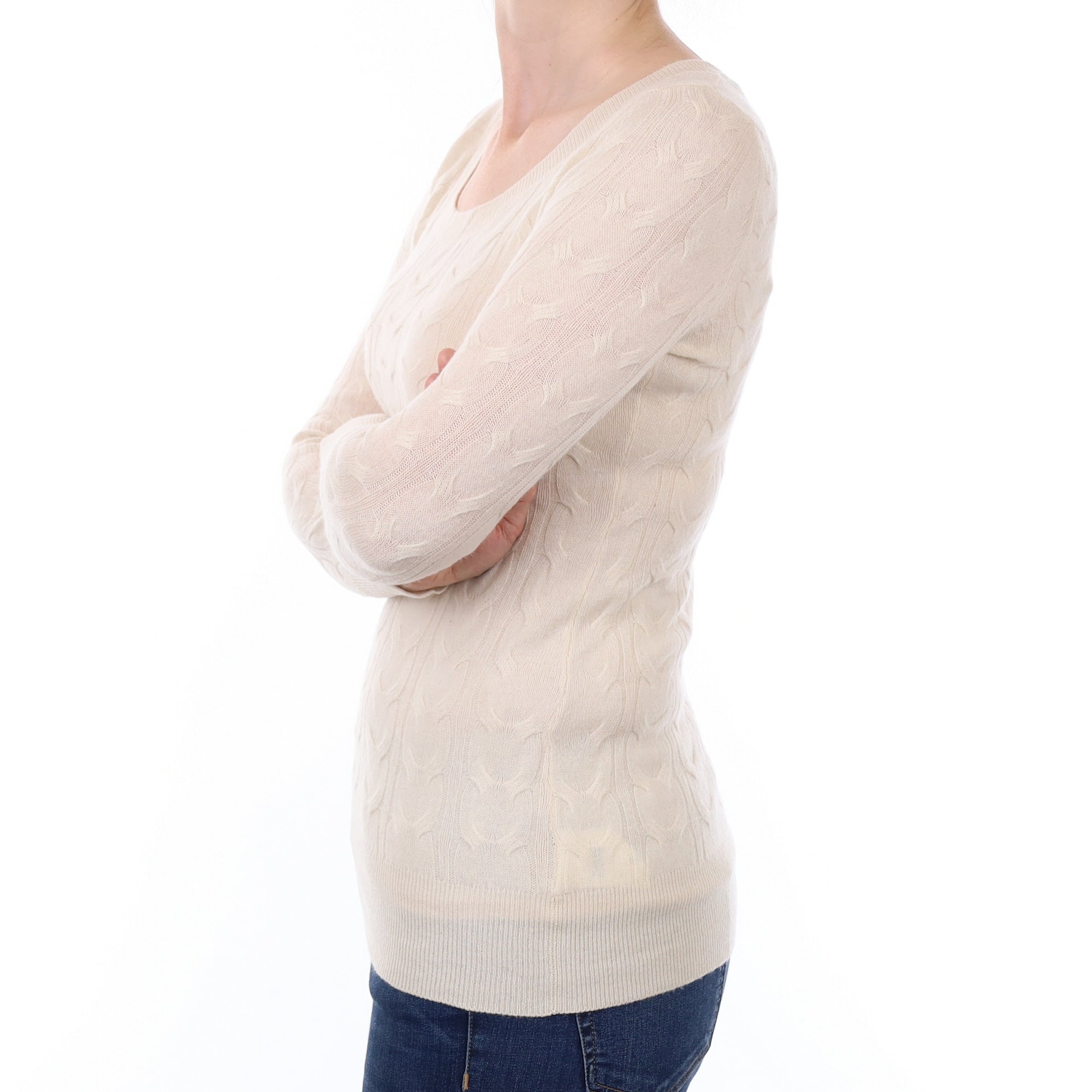 Ivory Cable Cashmere Scoop Neck Jumper Small