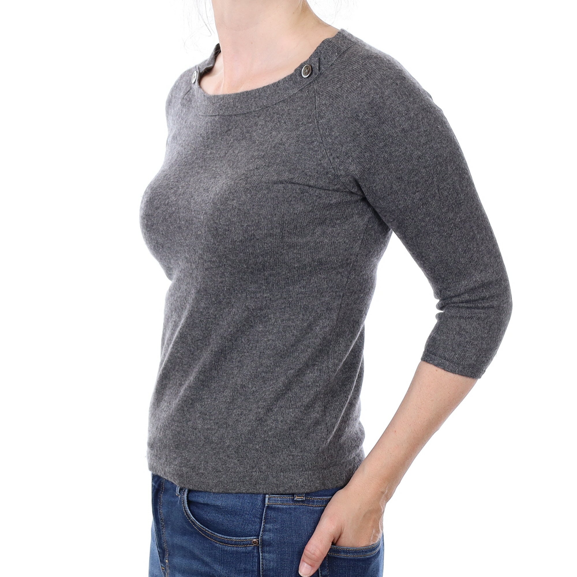 Slate Grey Cashmere Buttoned Boat Neck Jumper Small