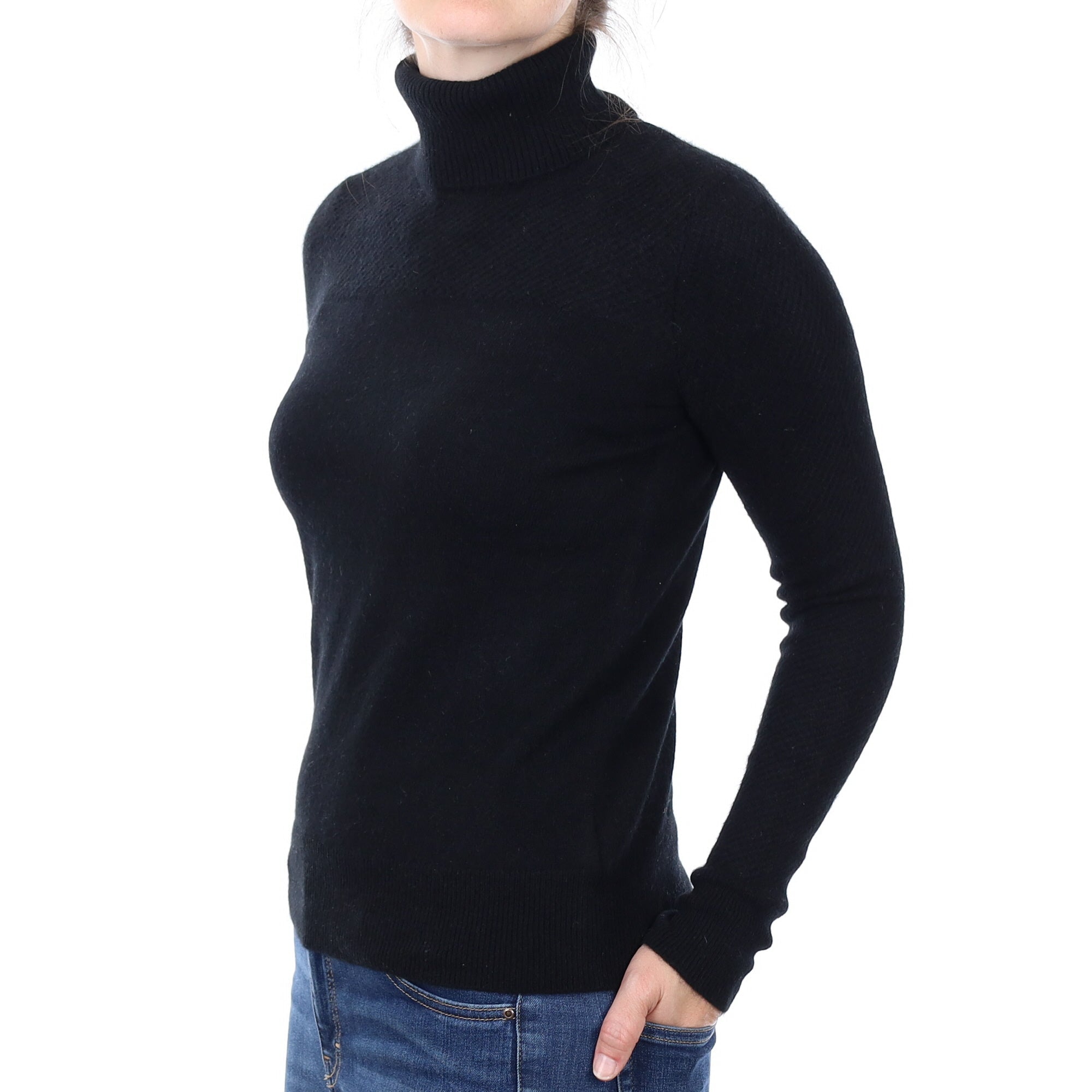Black Waffle Detail Cashmere Polo Neck Jumper Small