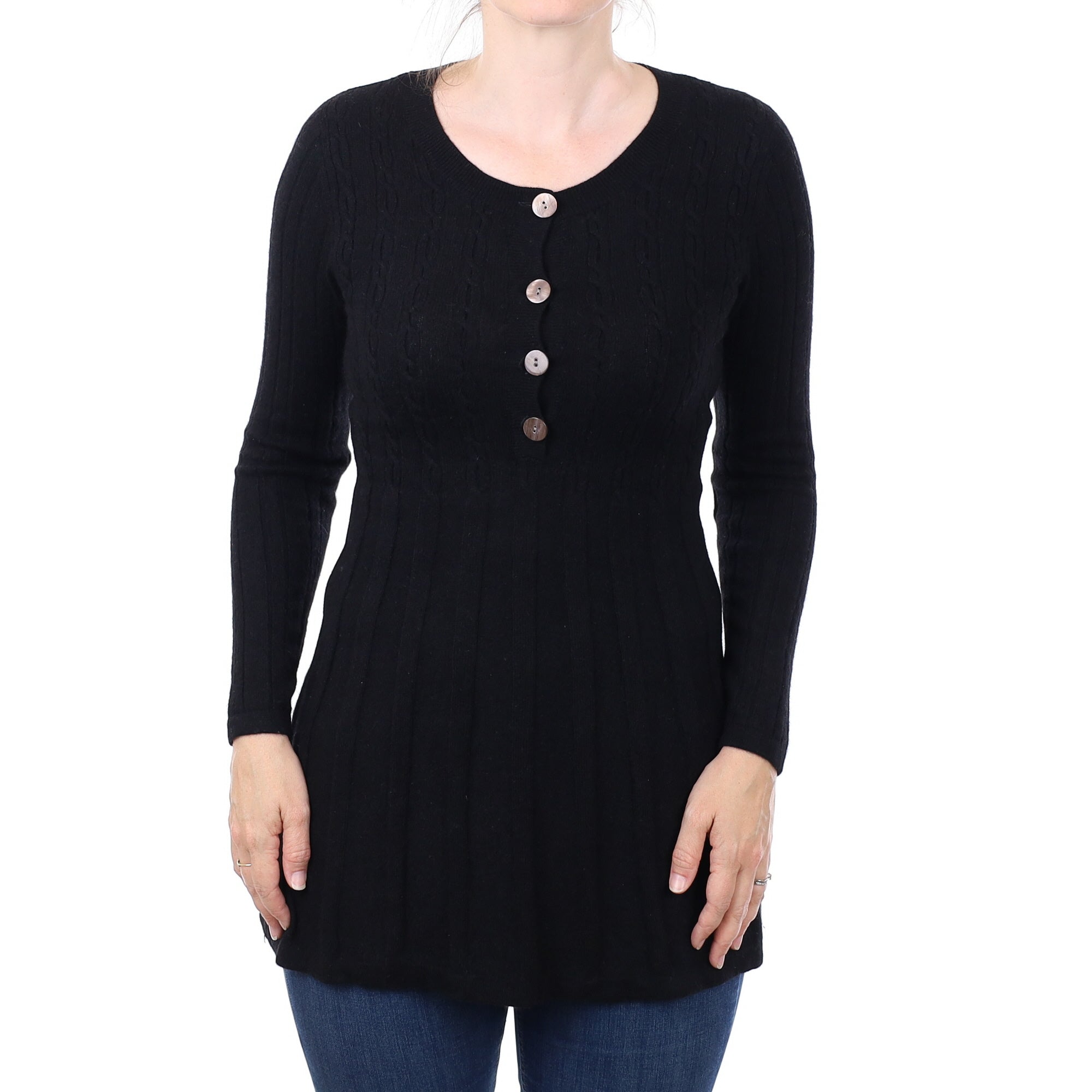 Black Pleated Cashmere Crew Neck Tunic Small