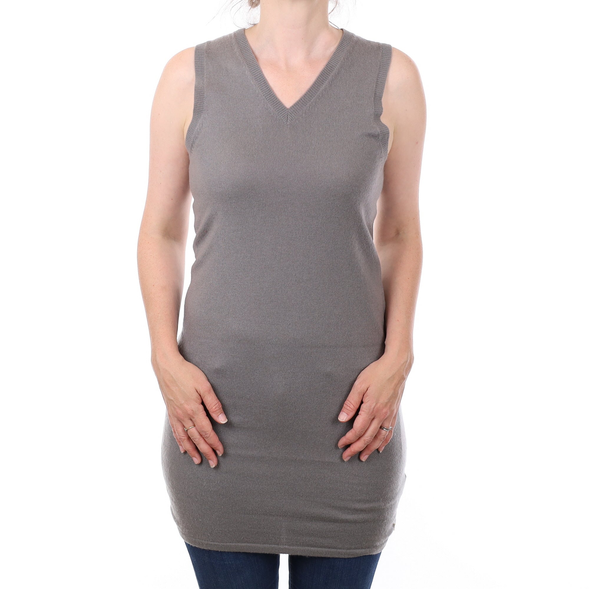 Pebble Grey Sleeveless Cashmere V Neck Tunic Small