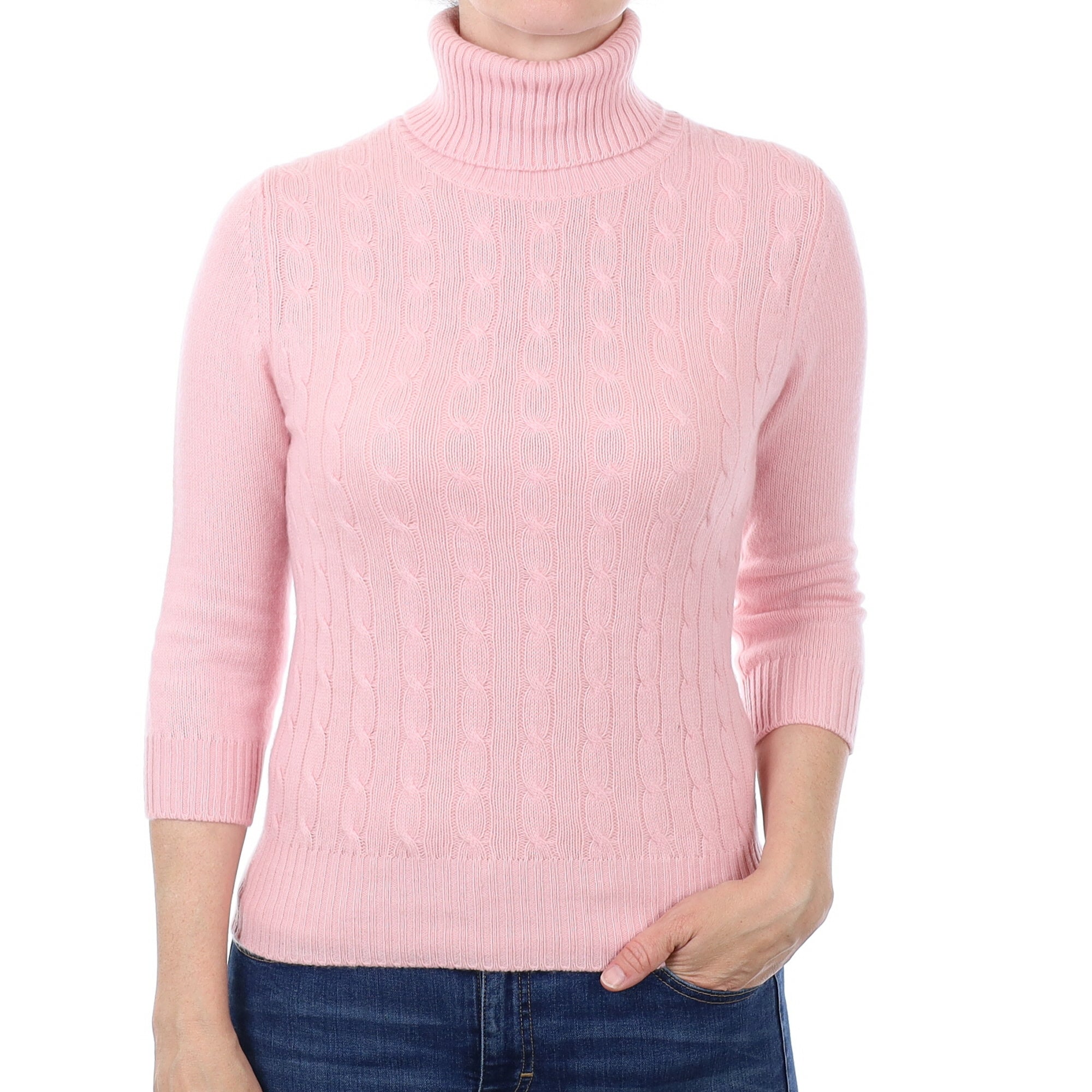 Carnation Pink Cable Cashmere Polo Neck Jumper Small