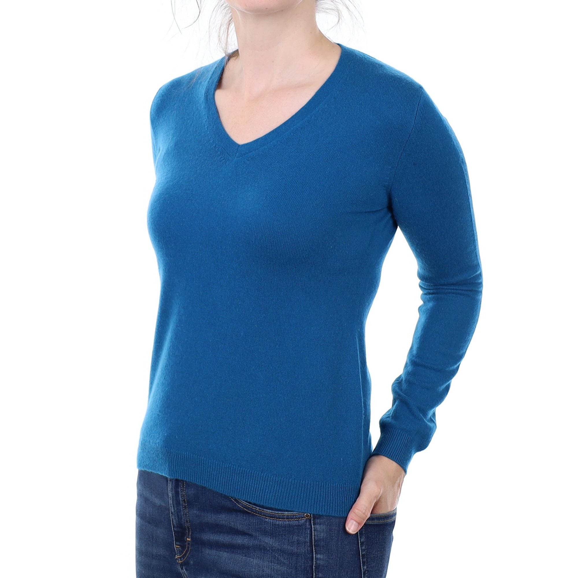 Teal Blue Cashmere V Neck Jumper Small