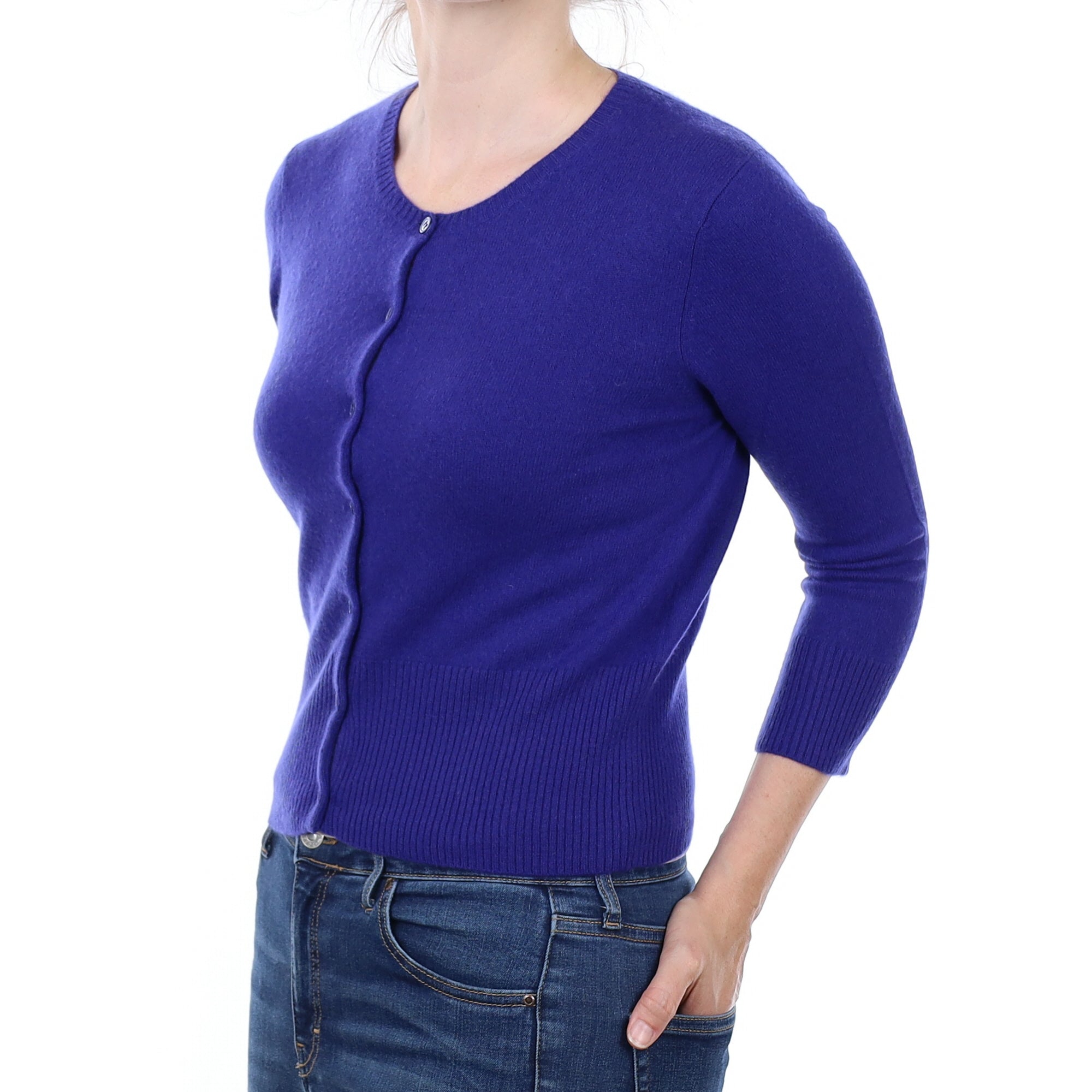 Indigo Purple Cashmere 3/4 Sleeve Crew Neck Cardigan Small