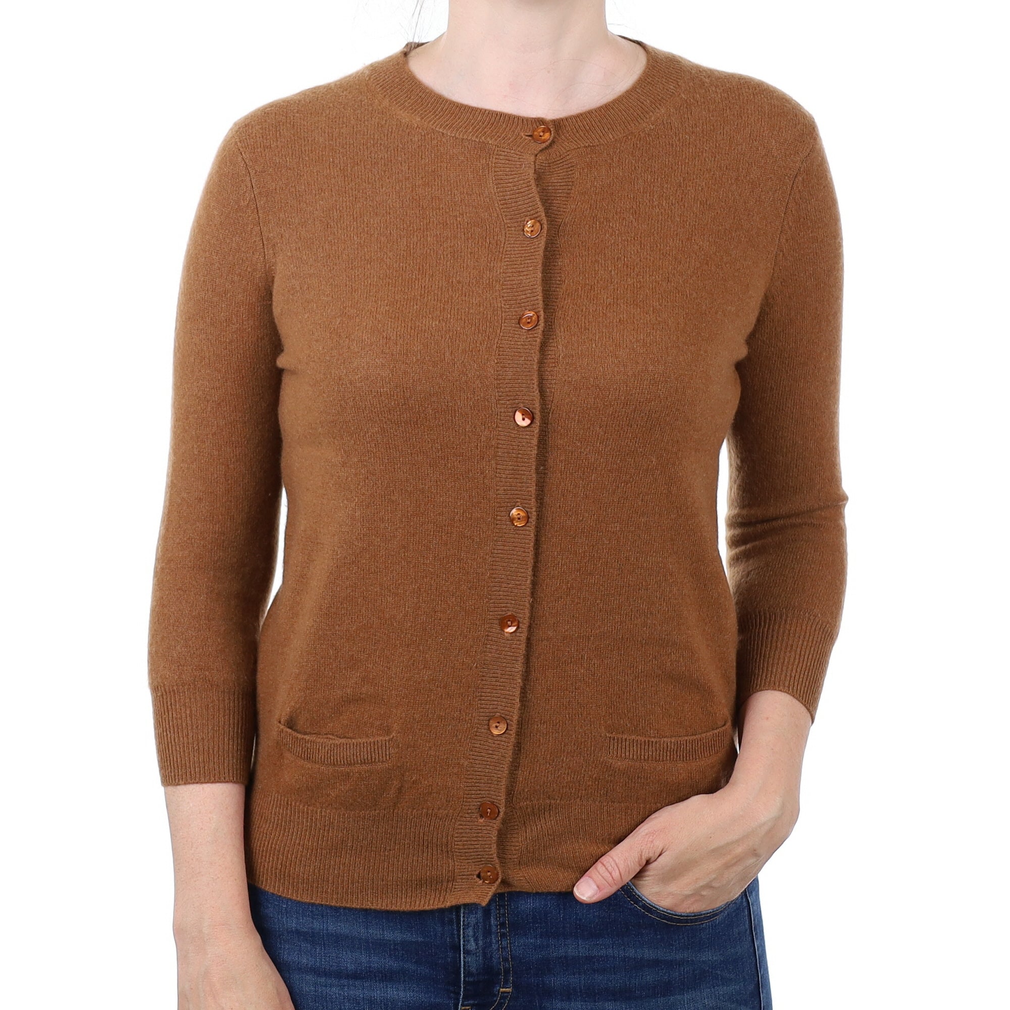 Chestnut Brown Cashmere Crew Neck Cardigan with Pockets Small