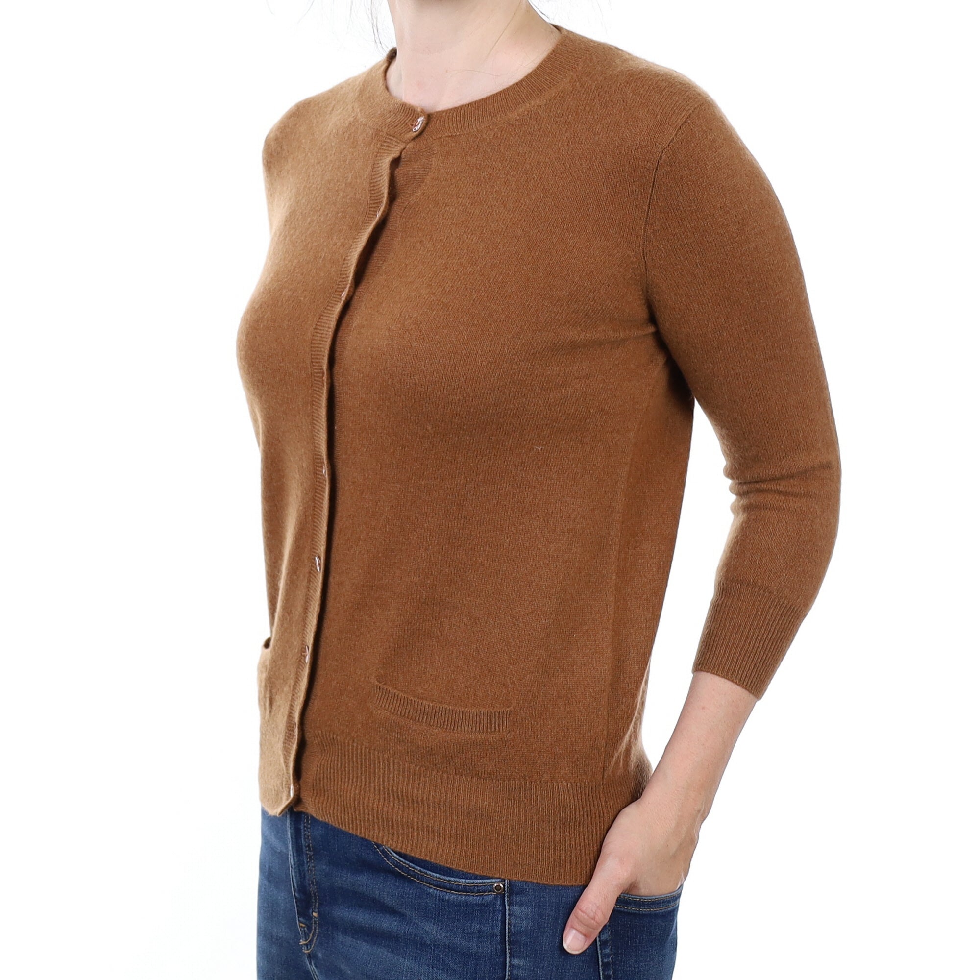 Chestnut Brown Cashmere Crew Neck Cardigan with Pockets Small