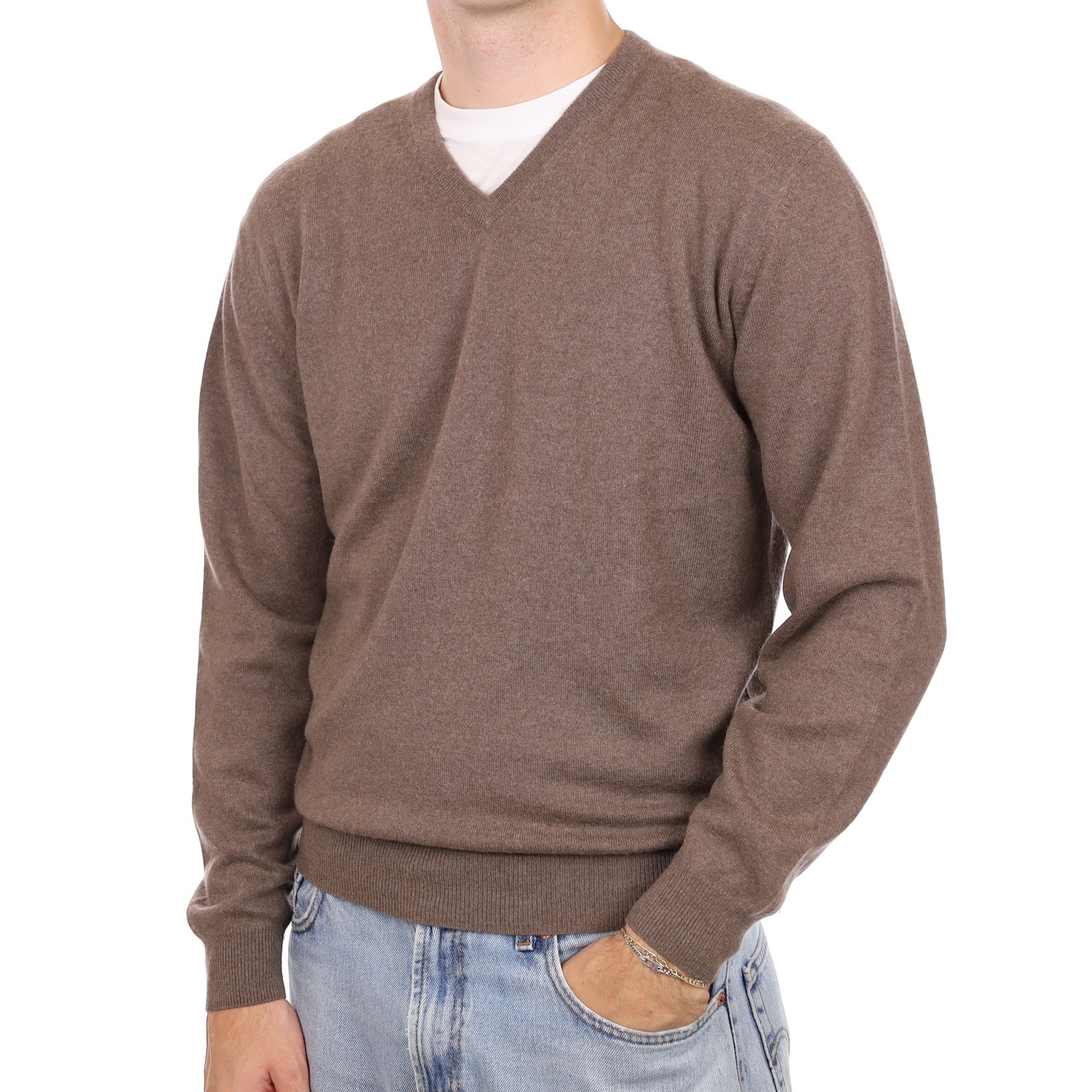 Men's Mocha Brown Cashmere V Neck Jumper Large