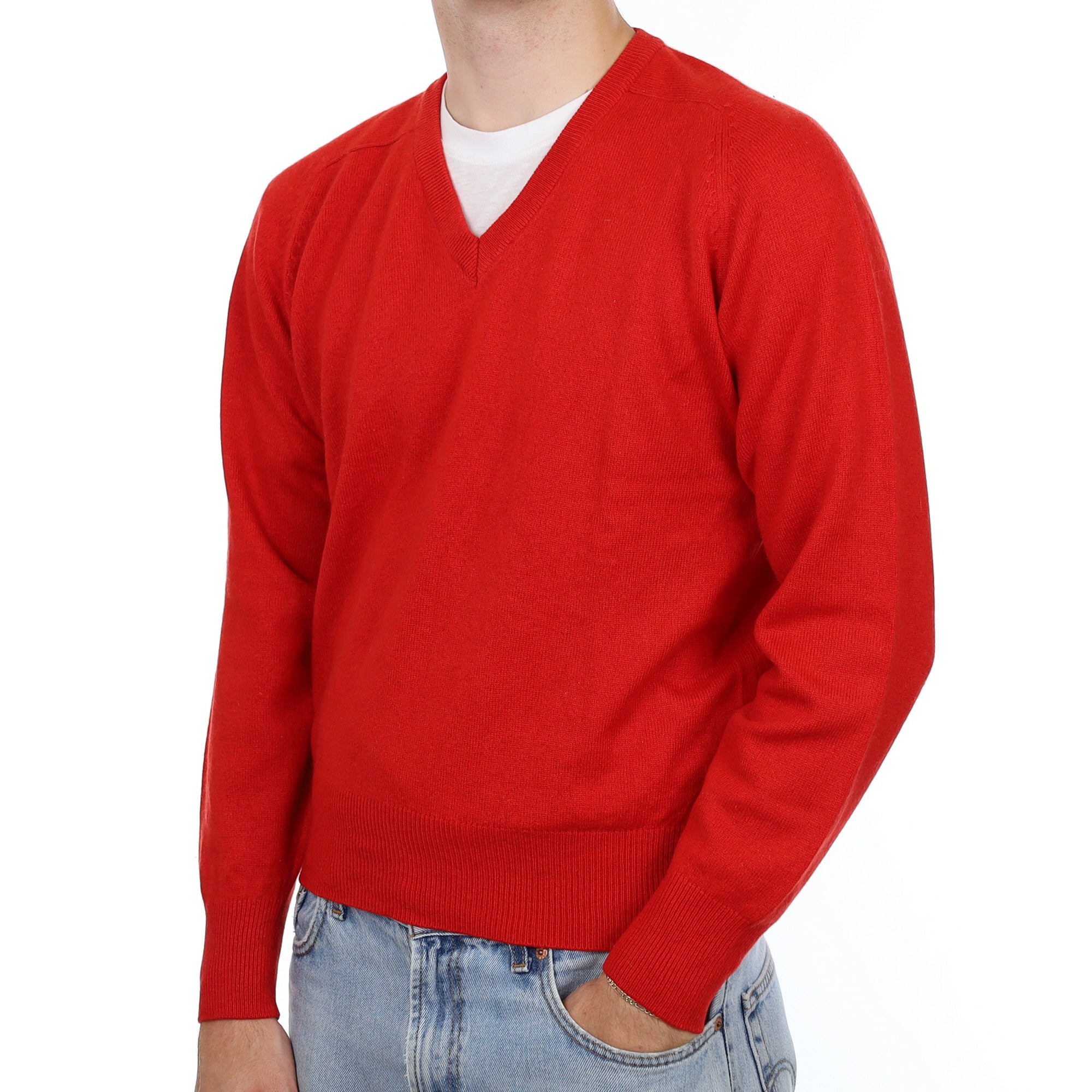 Men's Vintage Spanish Red Cashmere V Neck Jumper Large
