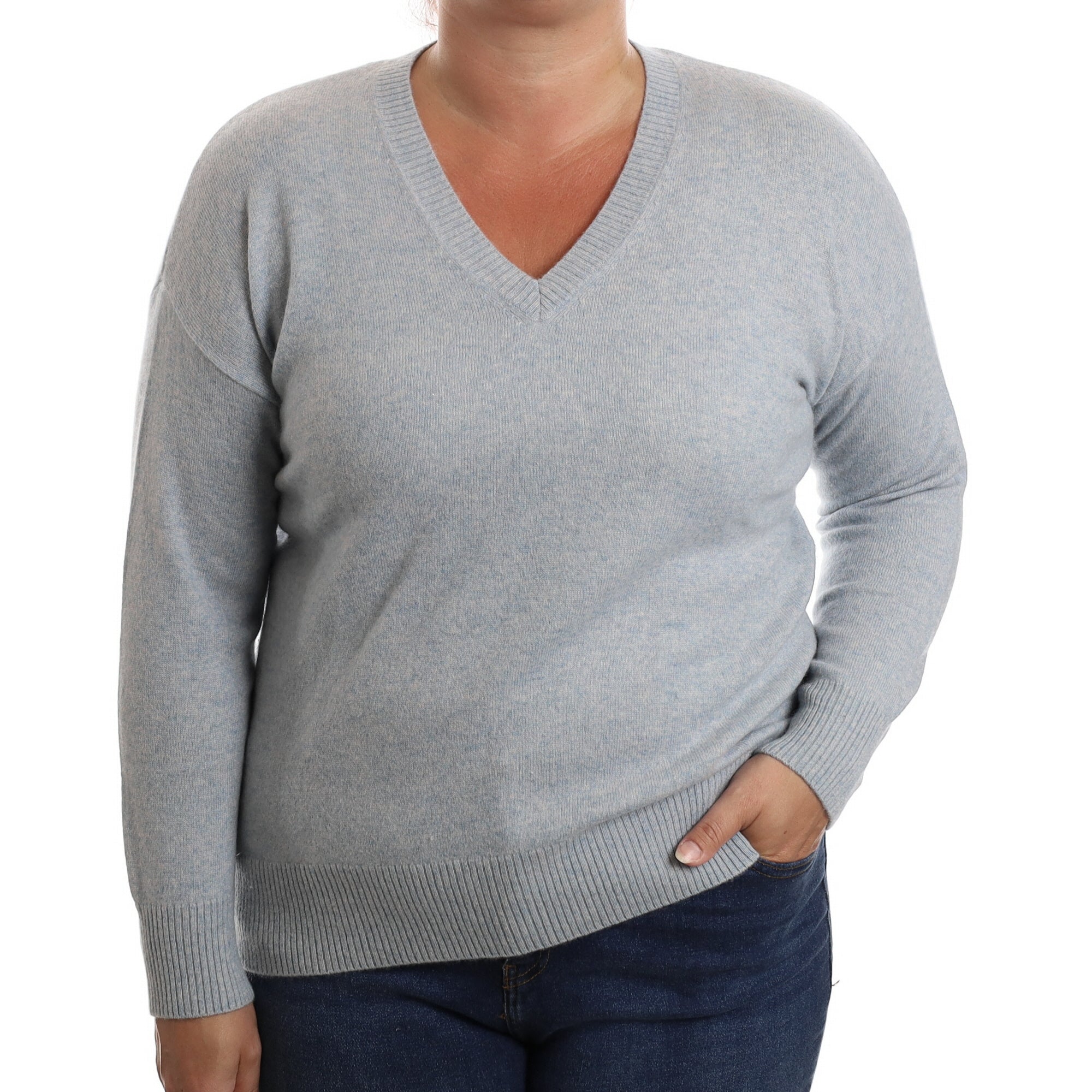 Powder Blue Marl Cashmere V Neck Jumper Large
