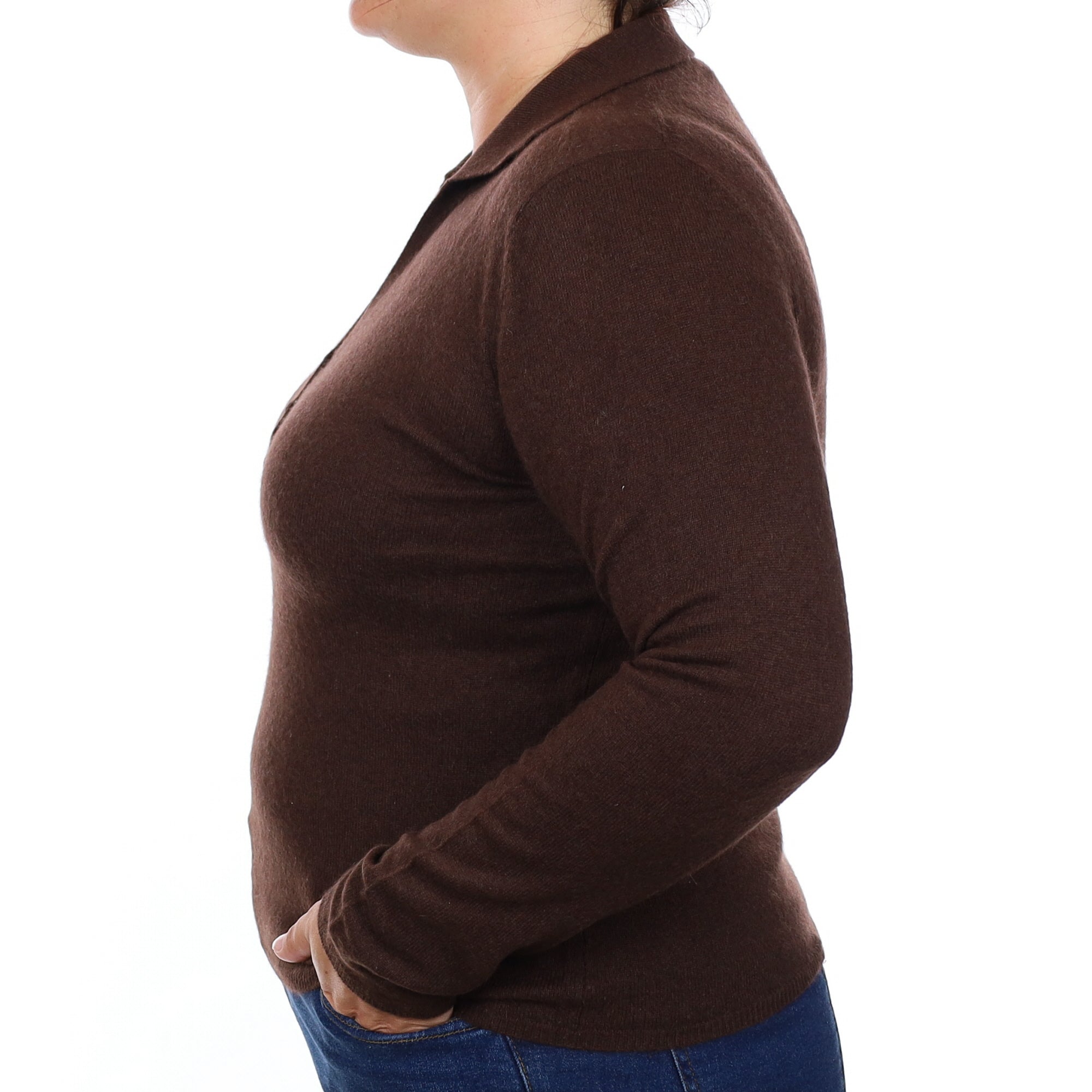 Chocolate Brown Cashmere Collard V Neck Jumper Large