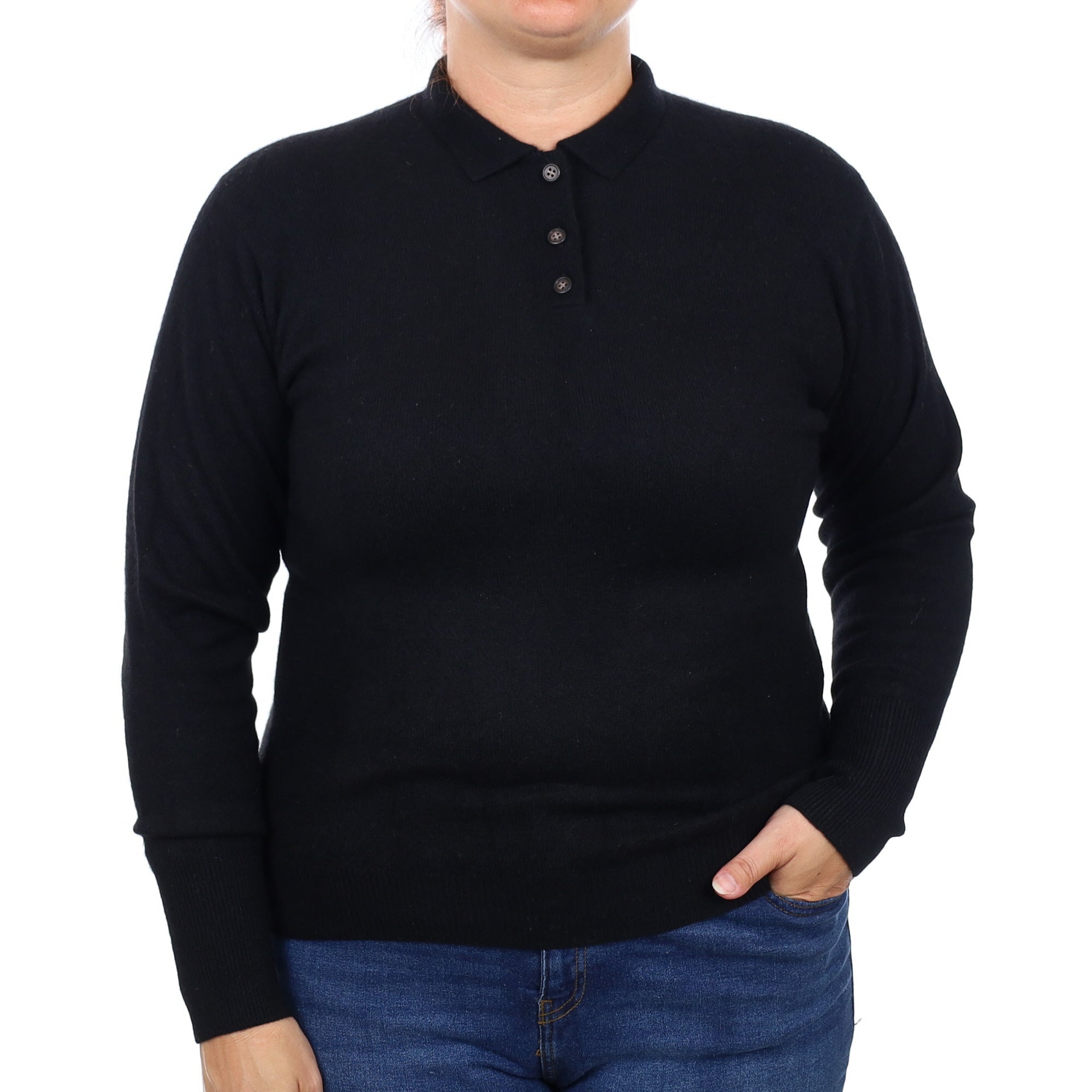 Black Cashmere Collard Quarter Button Jumper Large
