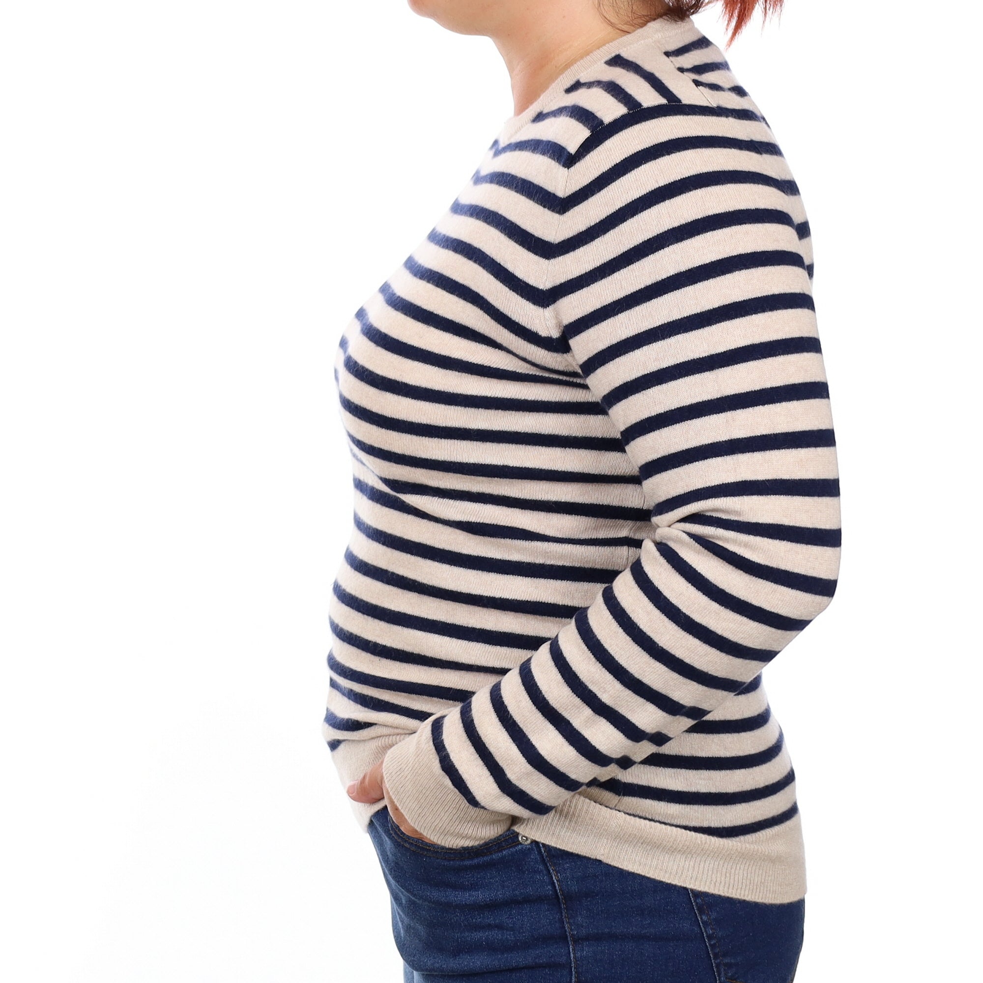 Oatmeal and Navy Striped Cashmere Crew Neck Jumper Large
