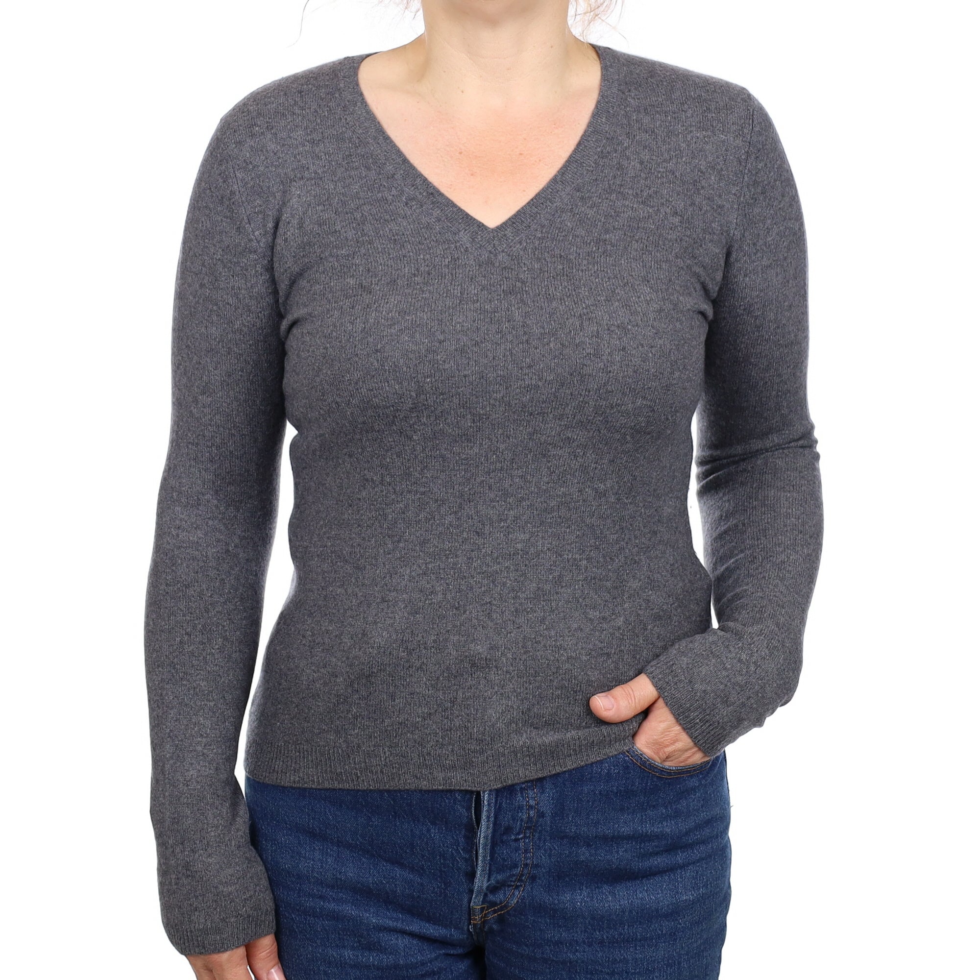 Granite Grey Cashmere V Neck Jumper Medium