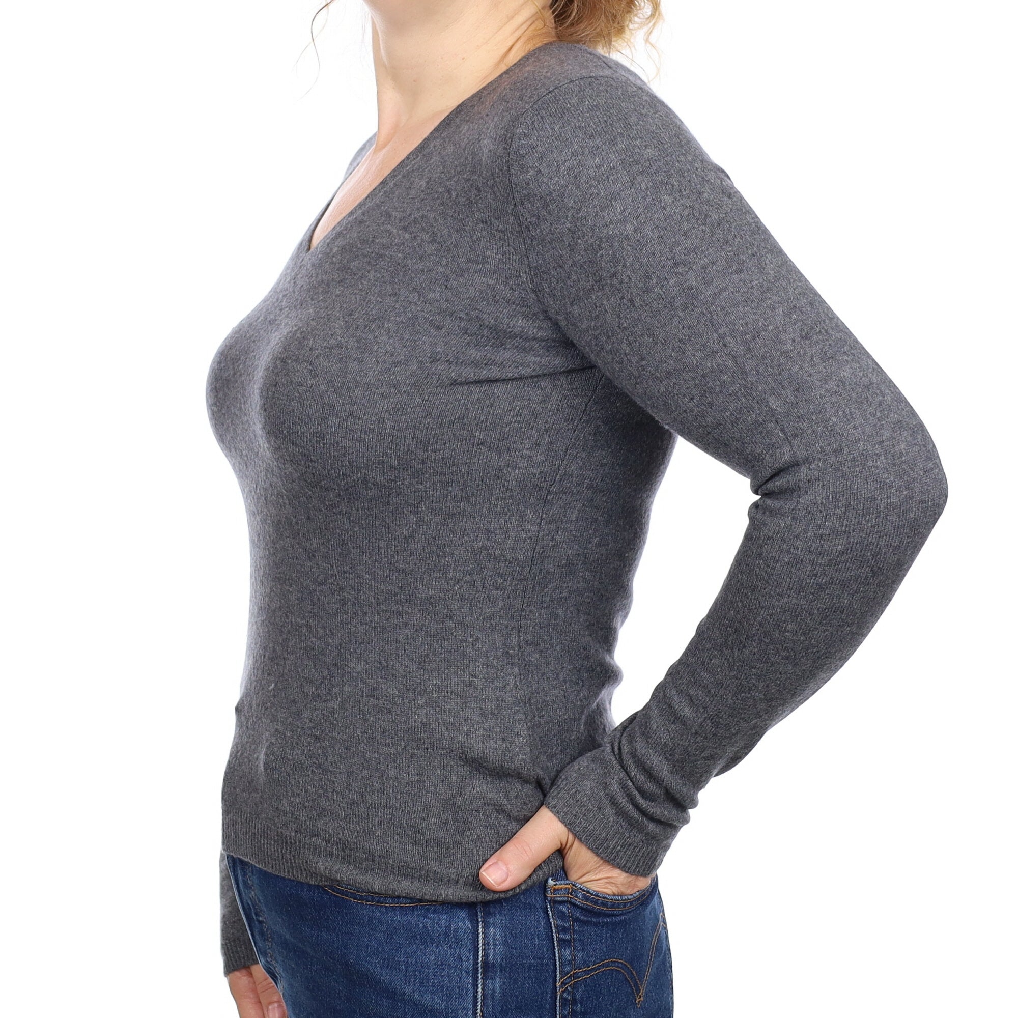 Granite Grey Cashmere V Neck Jumper Medium
