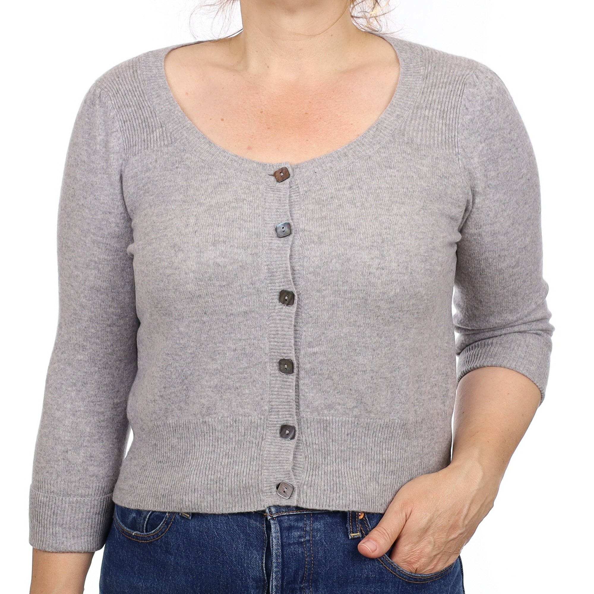 Smoke Grey Cashmere 3/4 Sleeve Scoop Neck Cardigan Medium