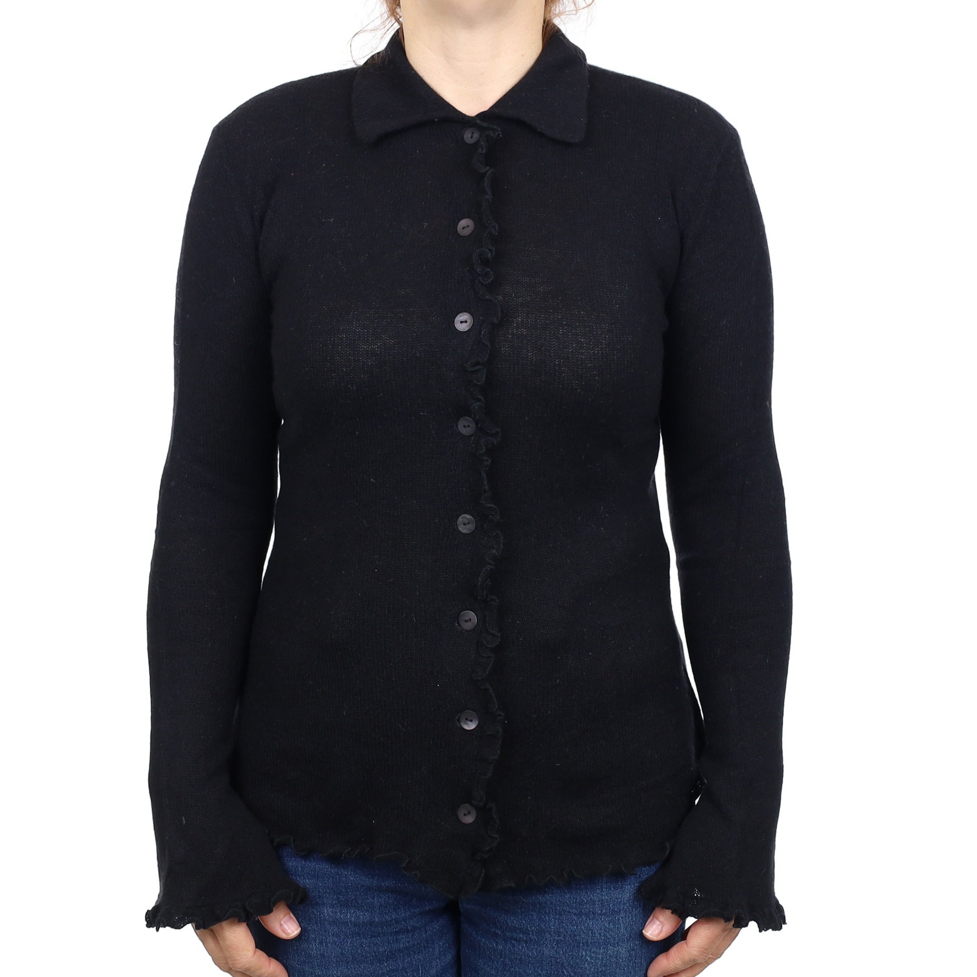 Black Lightweight Cashmere Ruffle Edge Collared Cardigan Medium