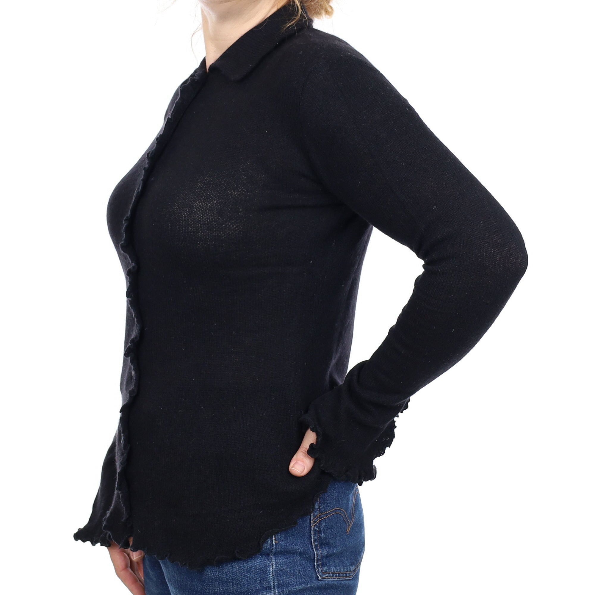 Black Lightweight Cashmere Ruffle Edge Collared Cardigan Medium