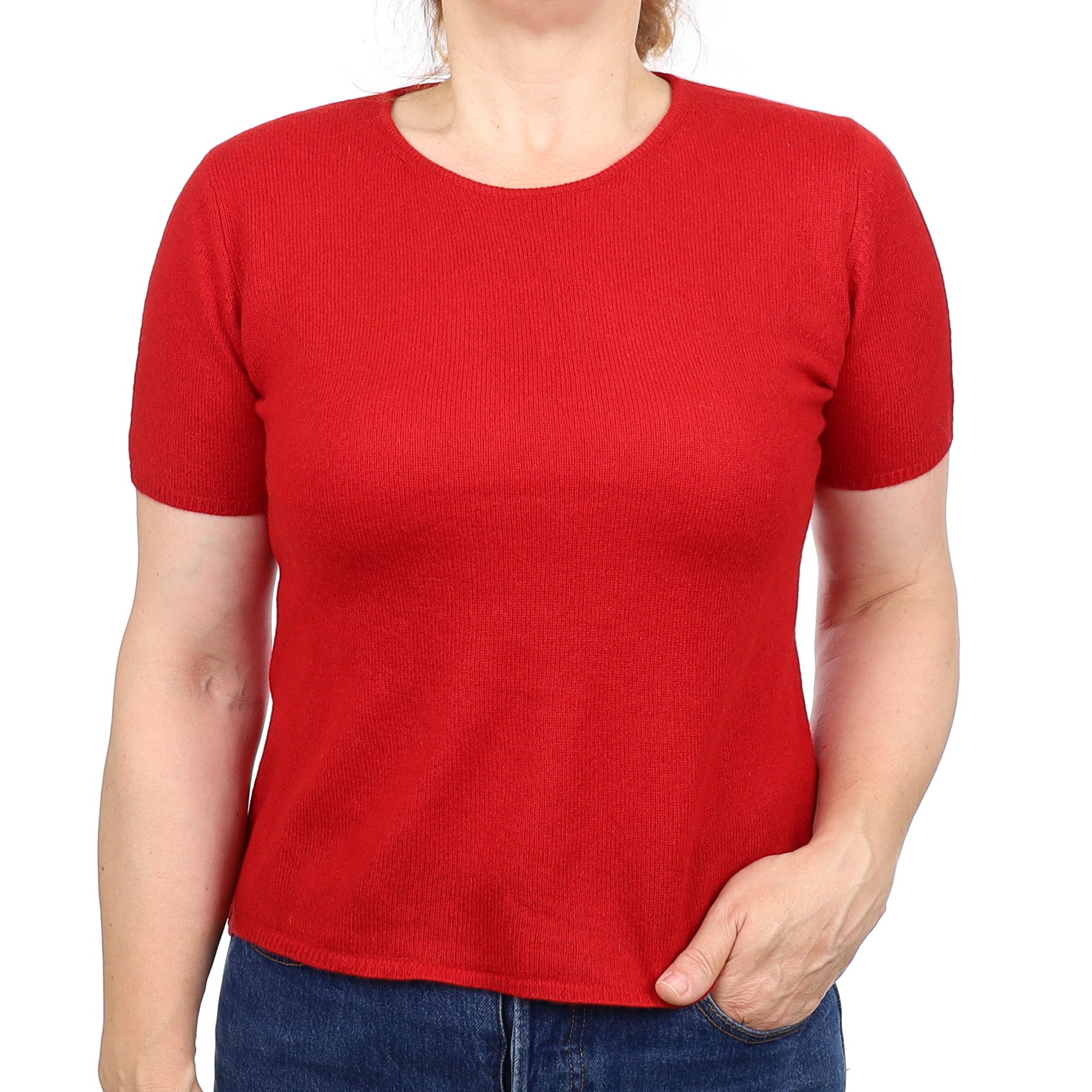 Crimson Red Cashmere Short Sleeve Crew Neck Jumper Medium