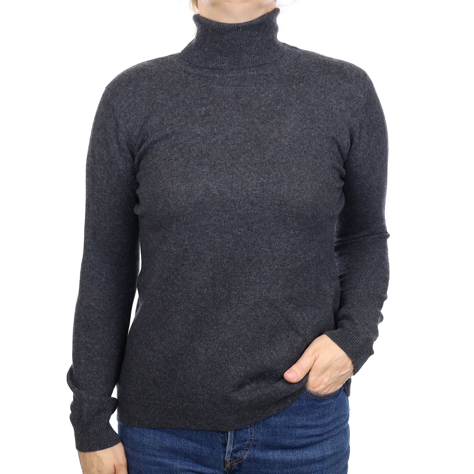 Charcoal Grey Cashmere Polo Neck Jumper Medium