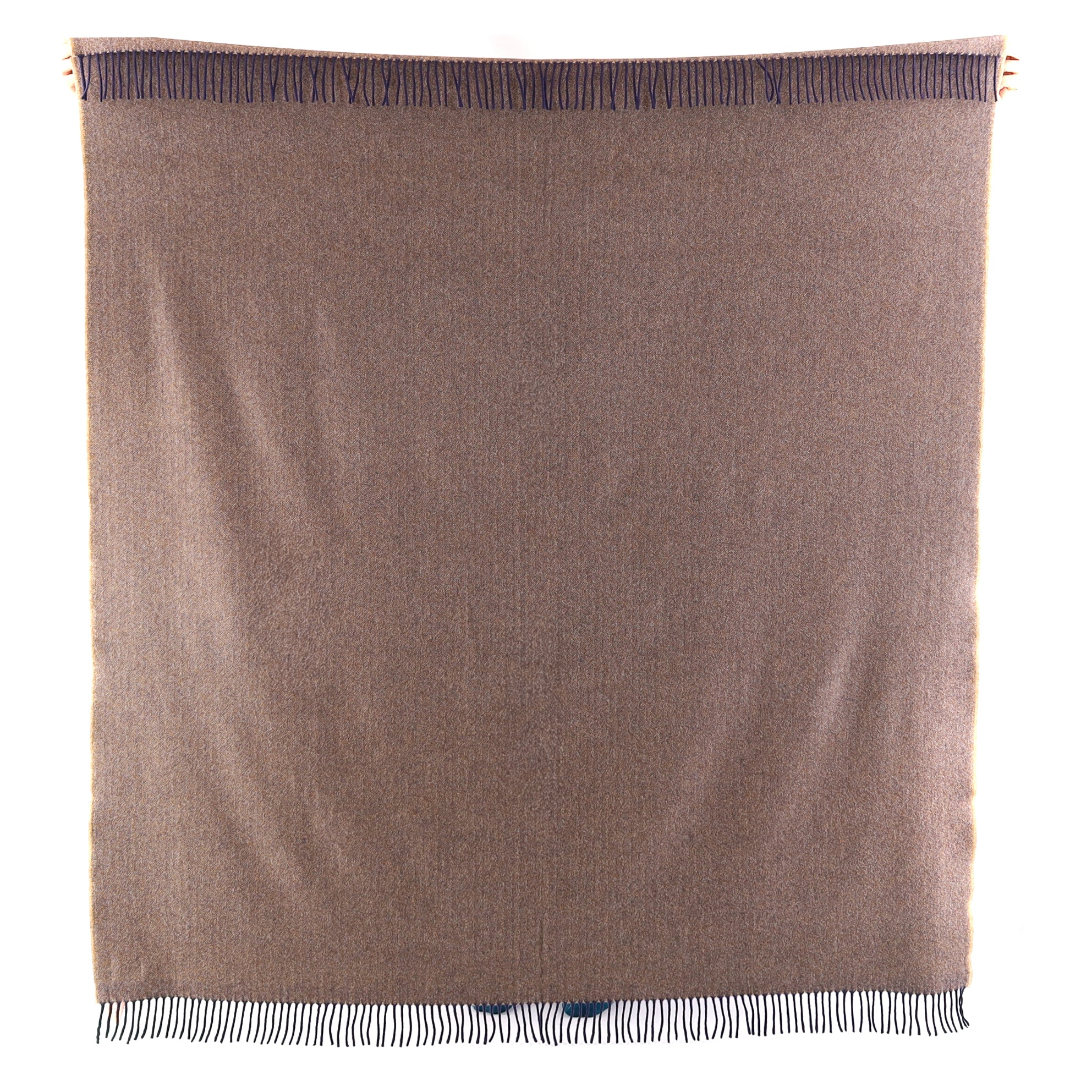 Brand New English Caramel and Navy Herringbone Luxury Woven Cashmere Blanket