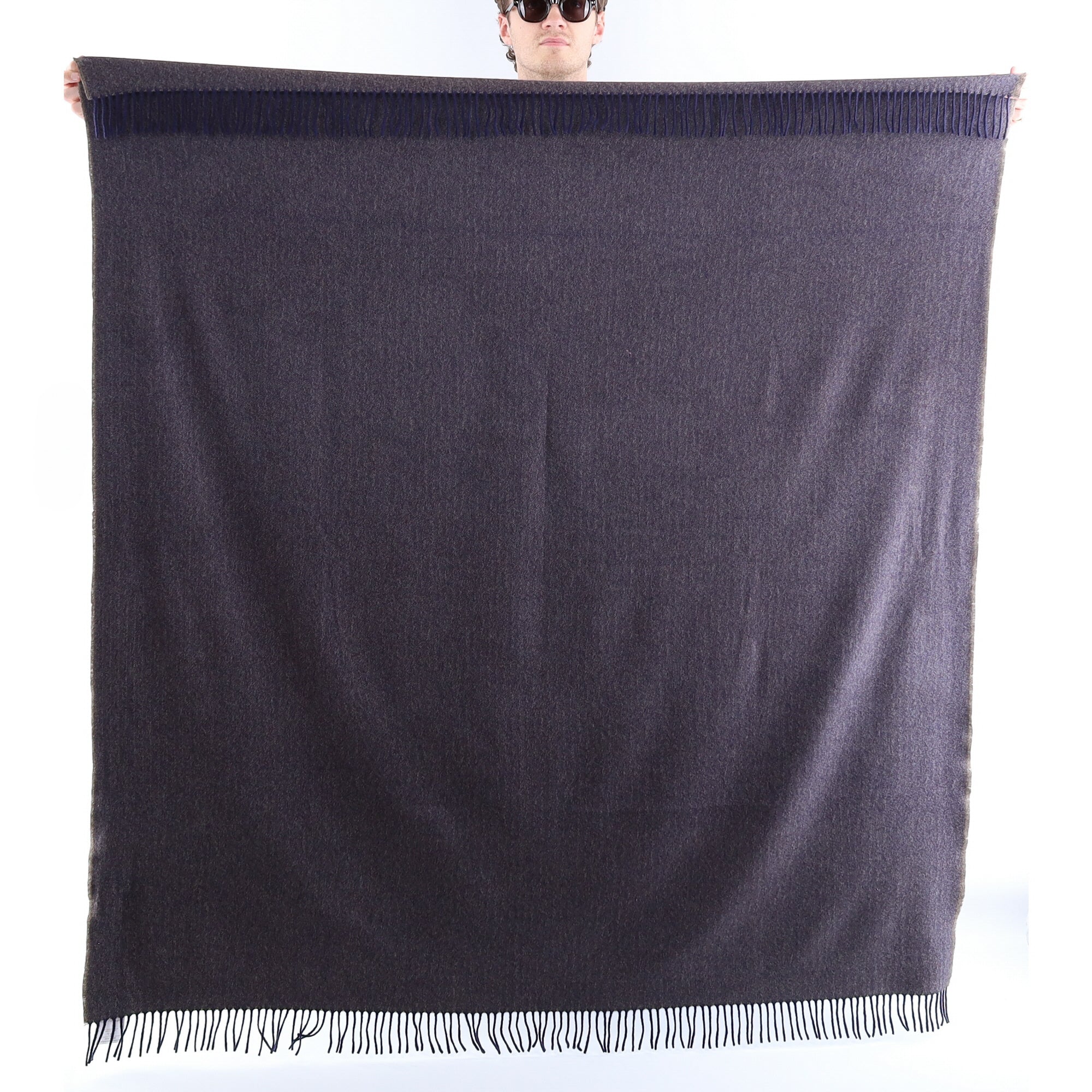 Brand New English Fossil Brown and Navy Herringbone Luxury Woven Cashmere Blanket
