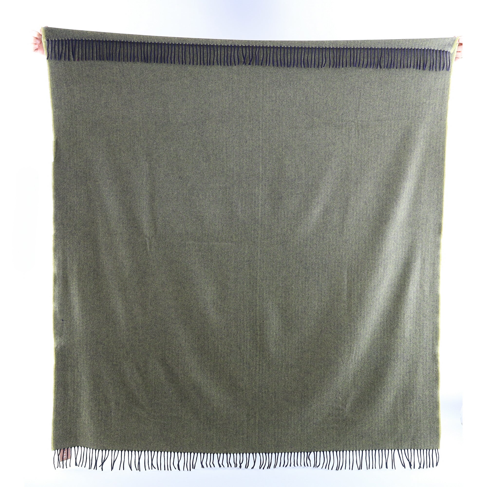 Brand New English Pistachio and Navy Herringbone Luxury Woven Cashmere Blanket