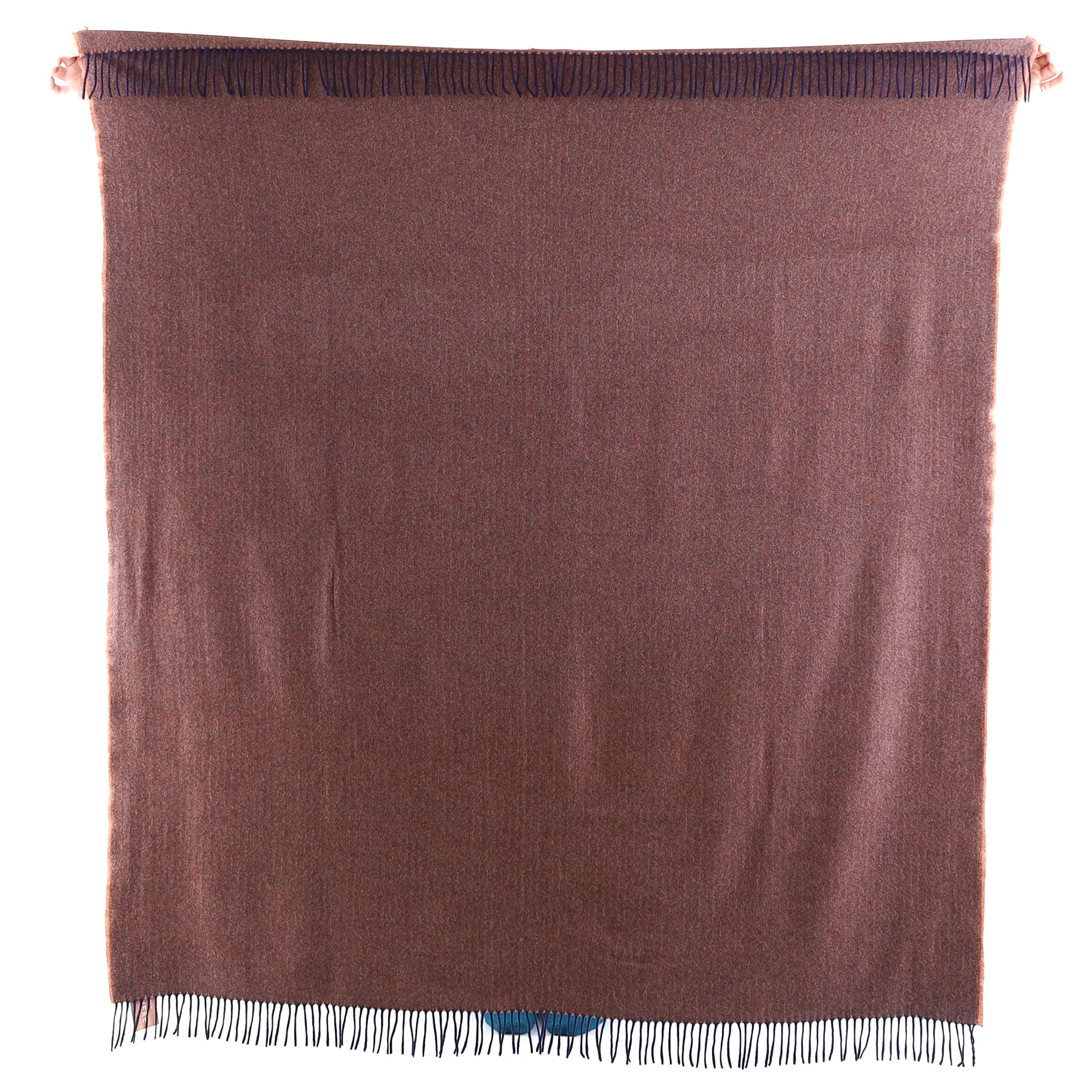 Brand New English Burnt Orange and Navy Herringbone Luxury Woven Cashmere Blanket