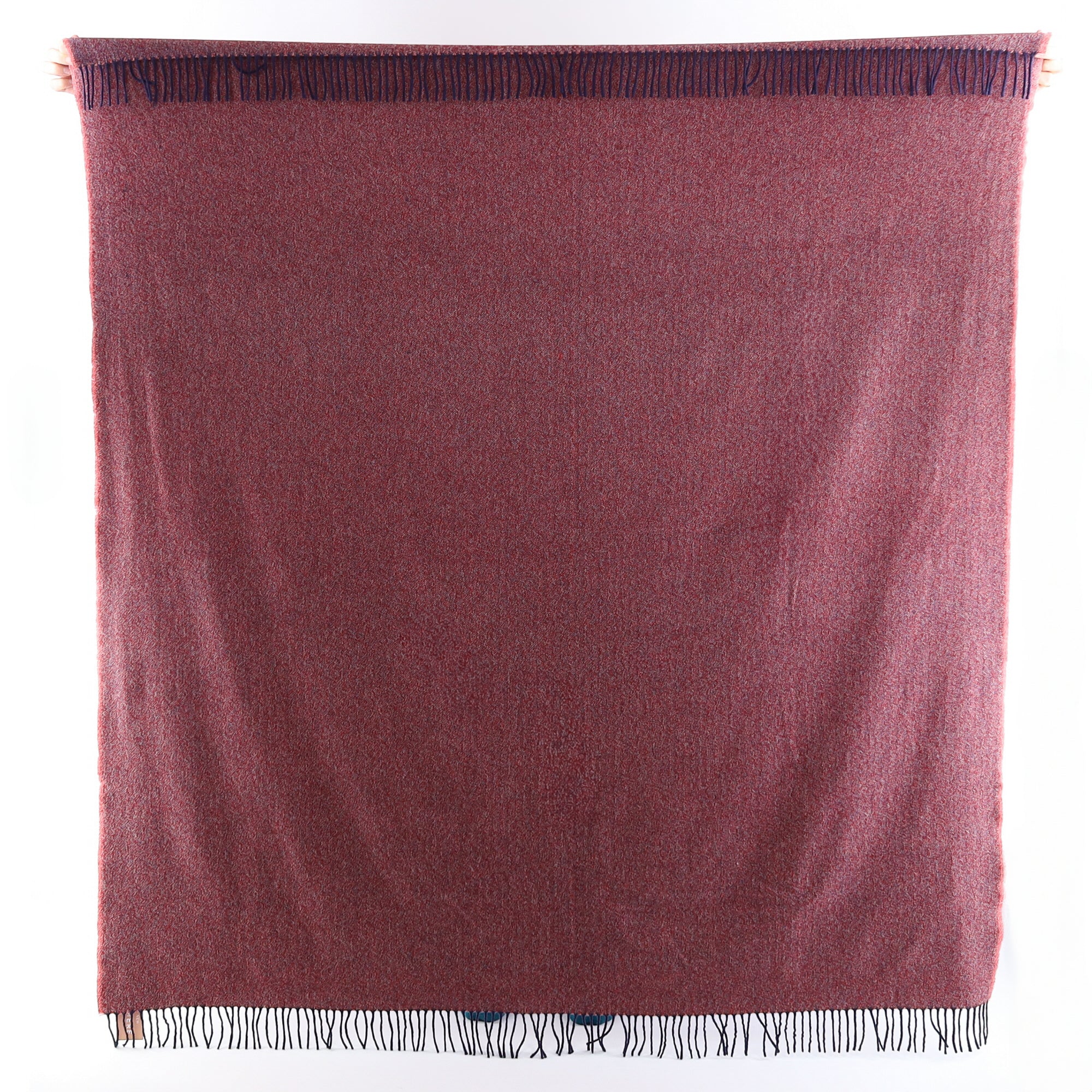 Brand New English Scarlet Red and Navy Herringbone Luxury Woven Cashmere Blanket