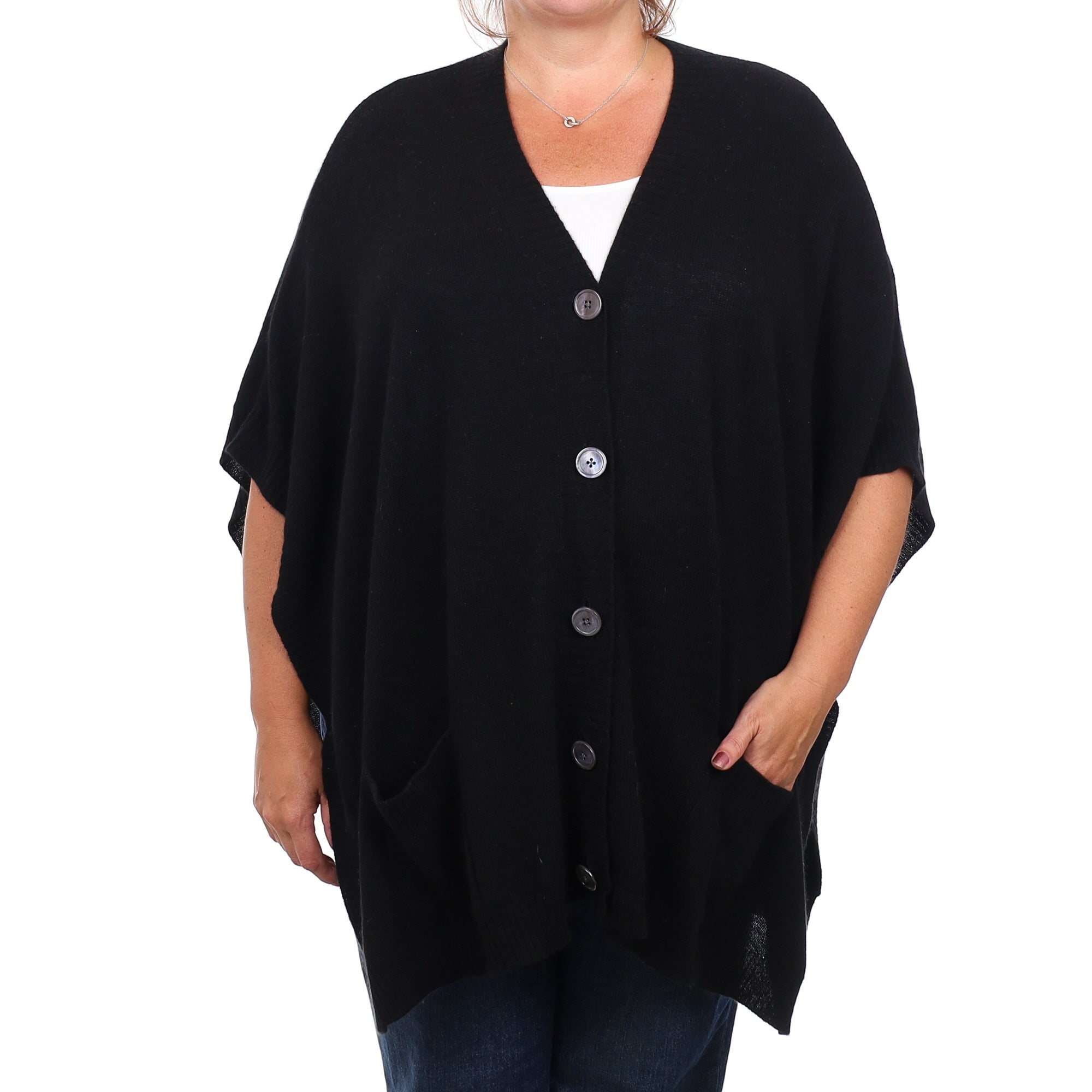 Black Cashmere V Neck Poncho Style Cardigan with Pockets Extra Large